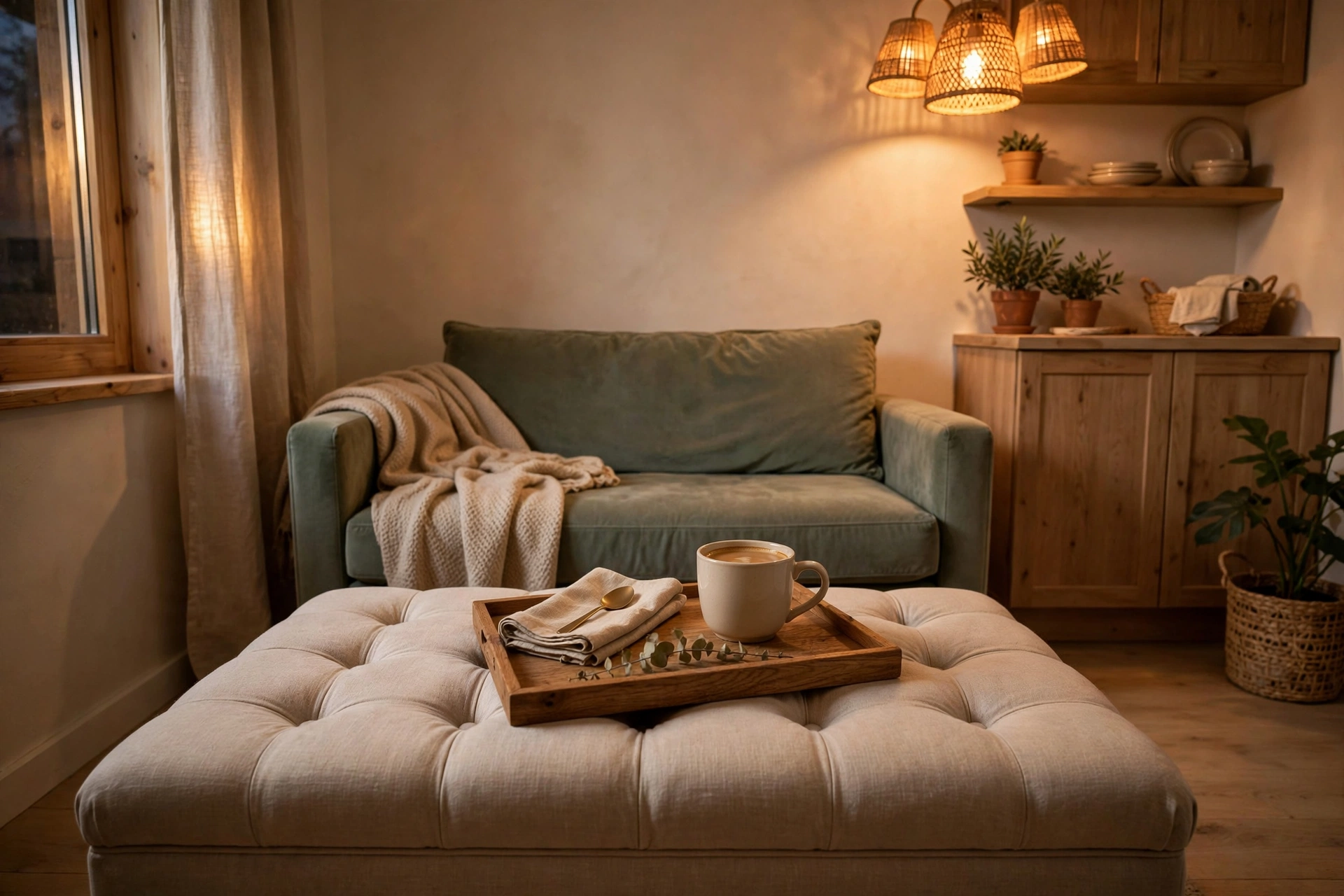 A tufted storage ottoman used as a coffee table in front of a small sofa in a studio apartment