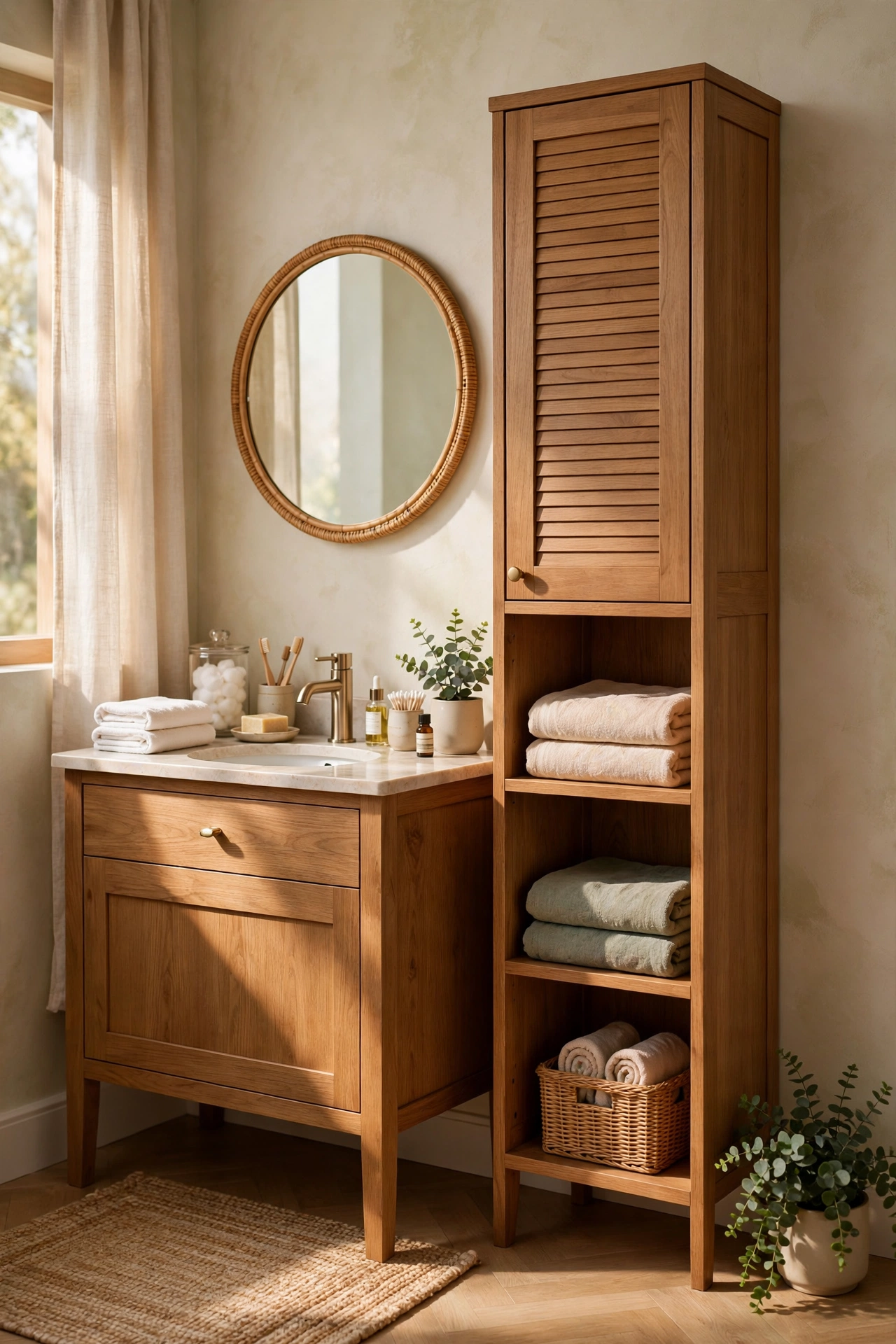 Tall narrow storage tower in a small bathroom — small bathroom decor idea