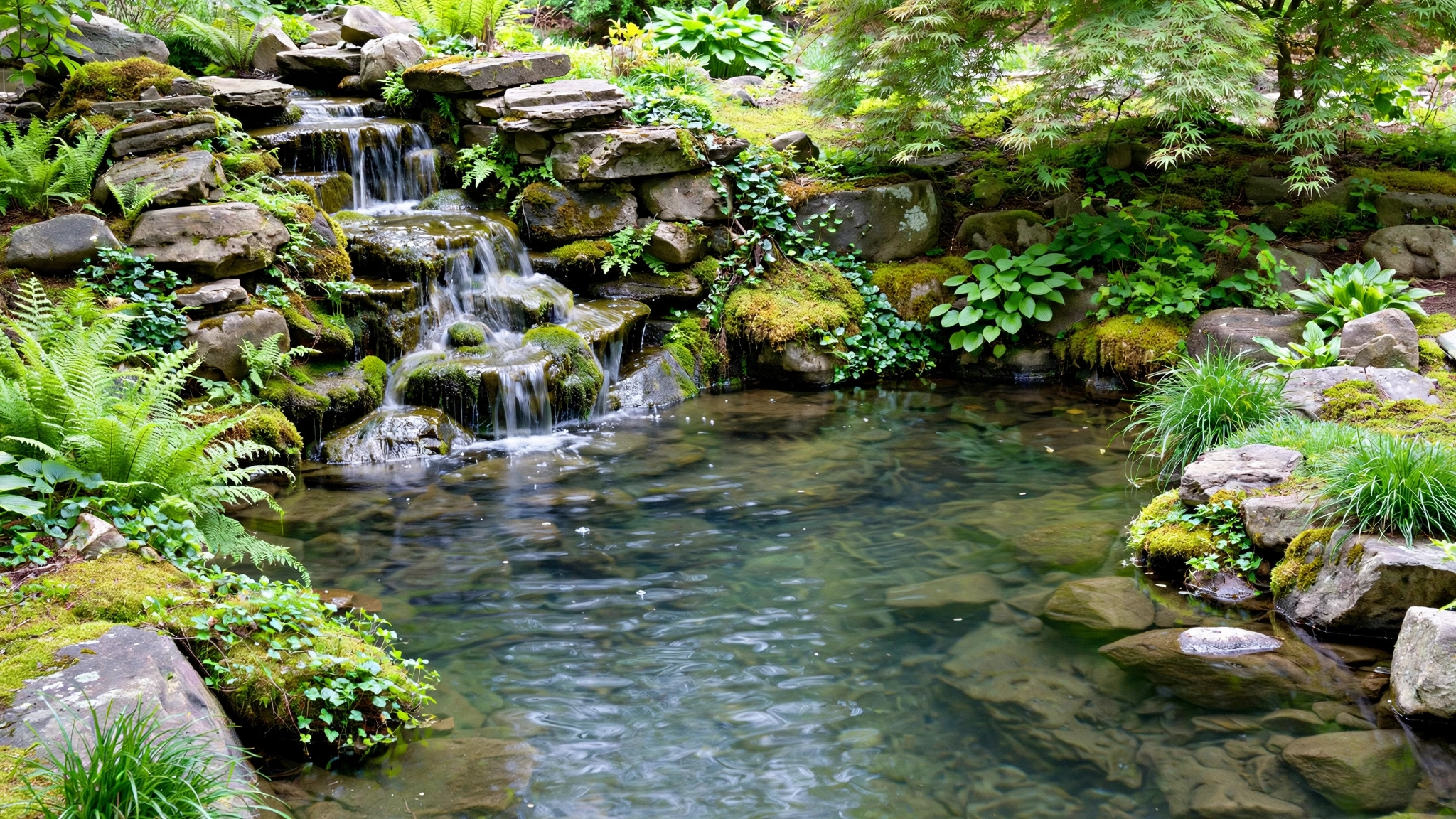 A backyard pond with a small stone waterfall cascading into clear water, surrounded by rocks and lush plants