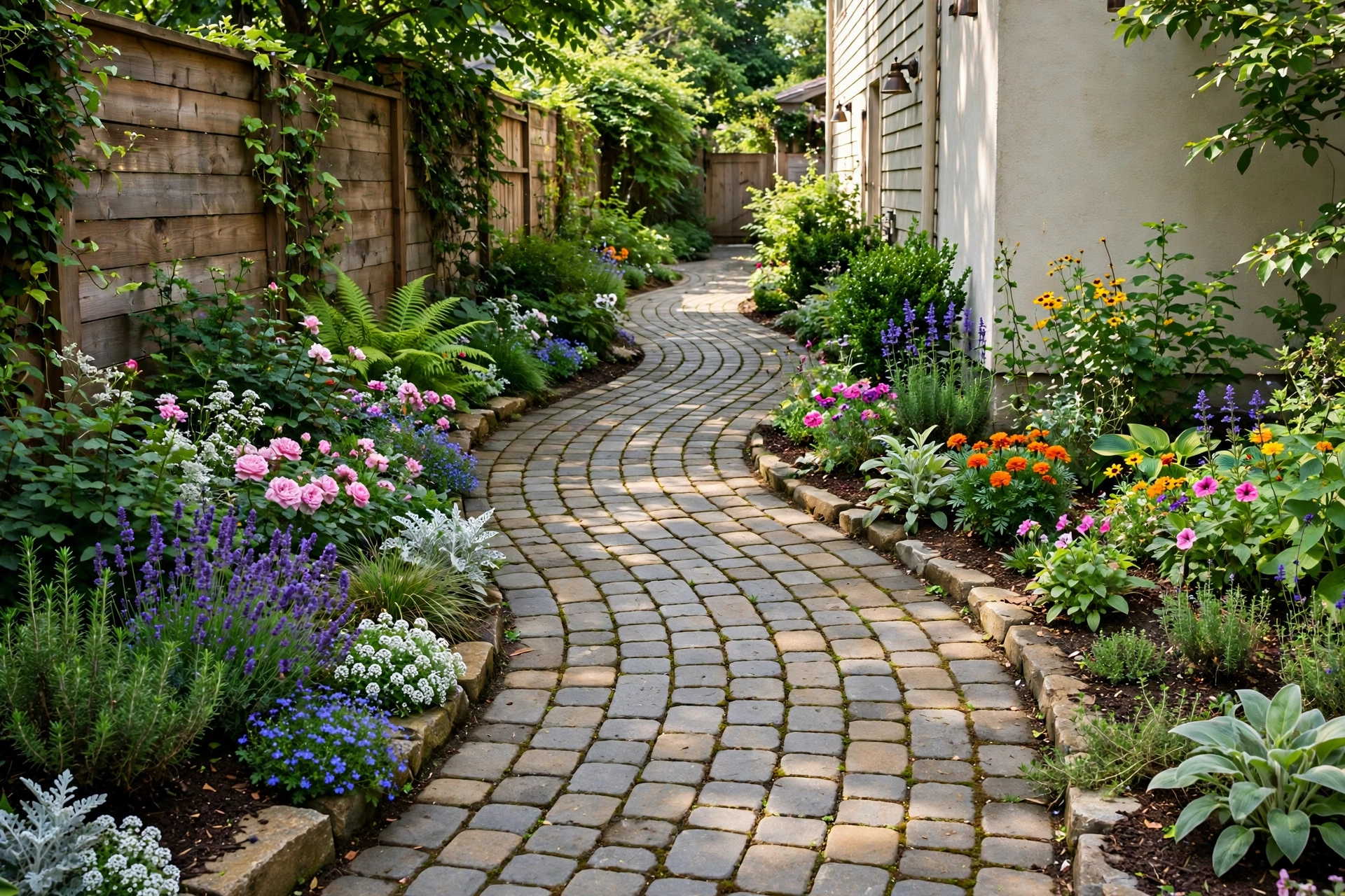 Curving paver stone walkway winding through a landscaped narrow side yard with flower beds on both sides.