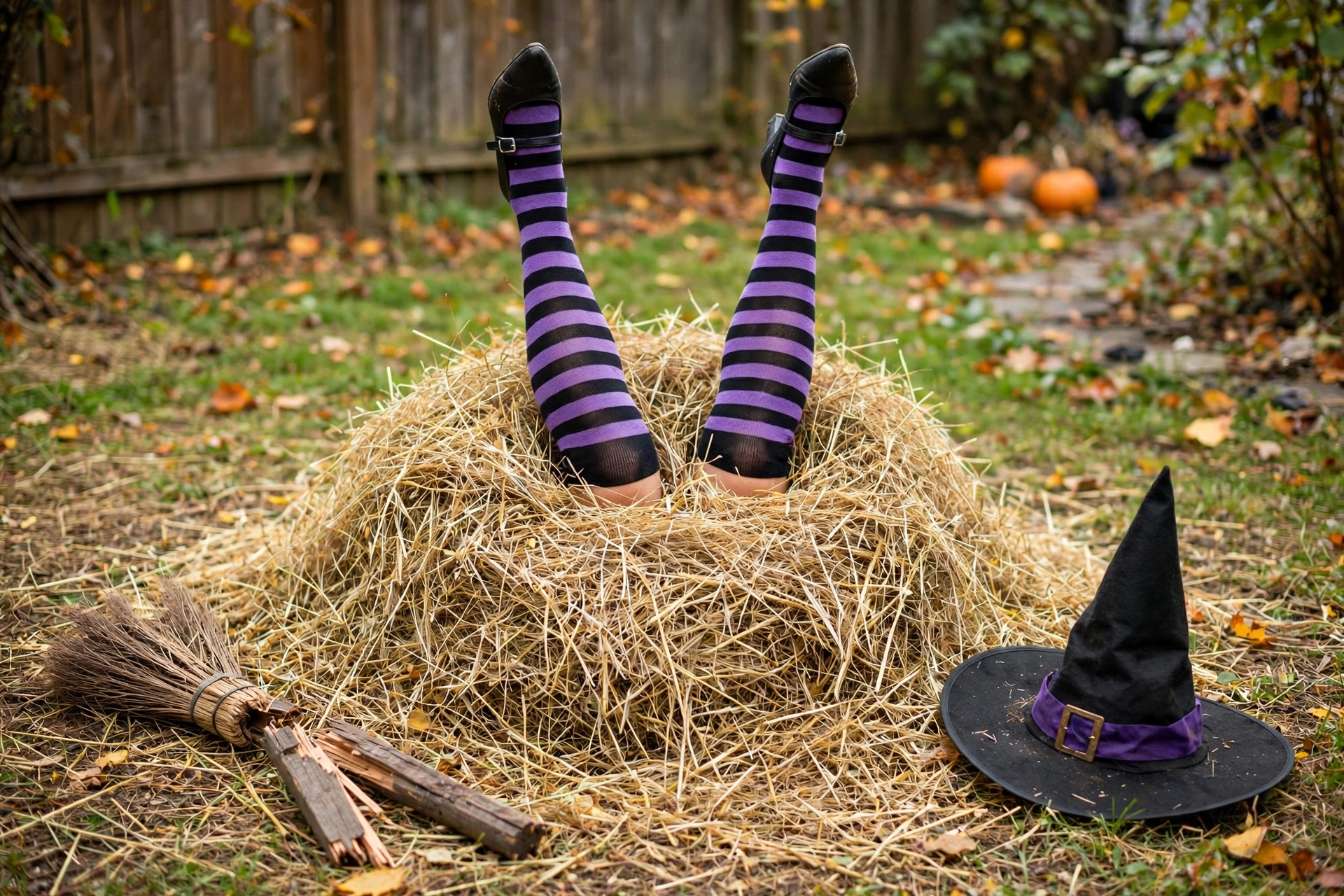 Witch legs in striped stockings sticking out of a hay pile with a broken broom nearby.