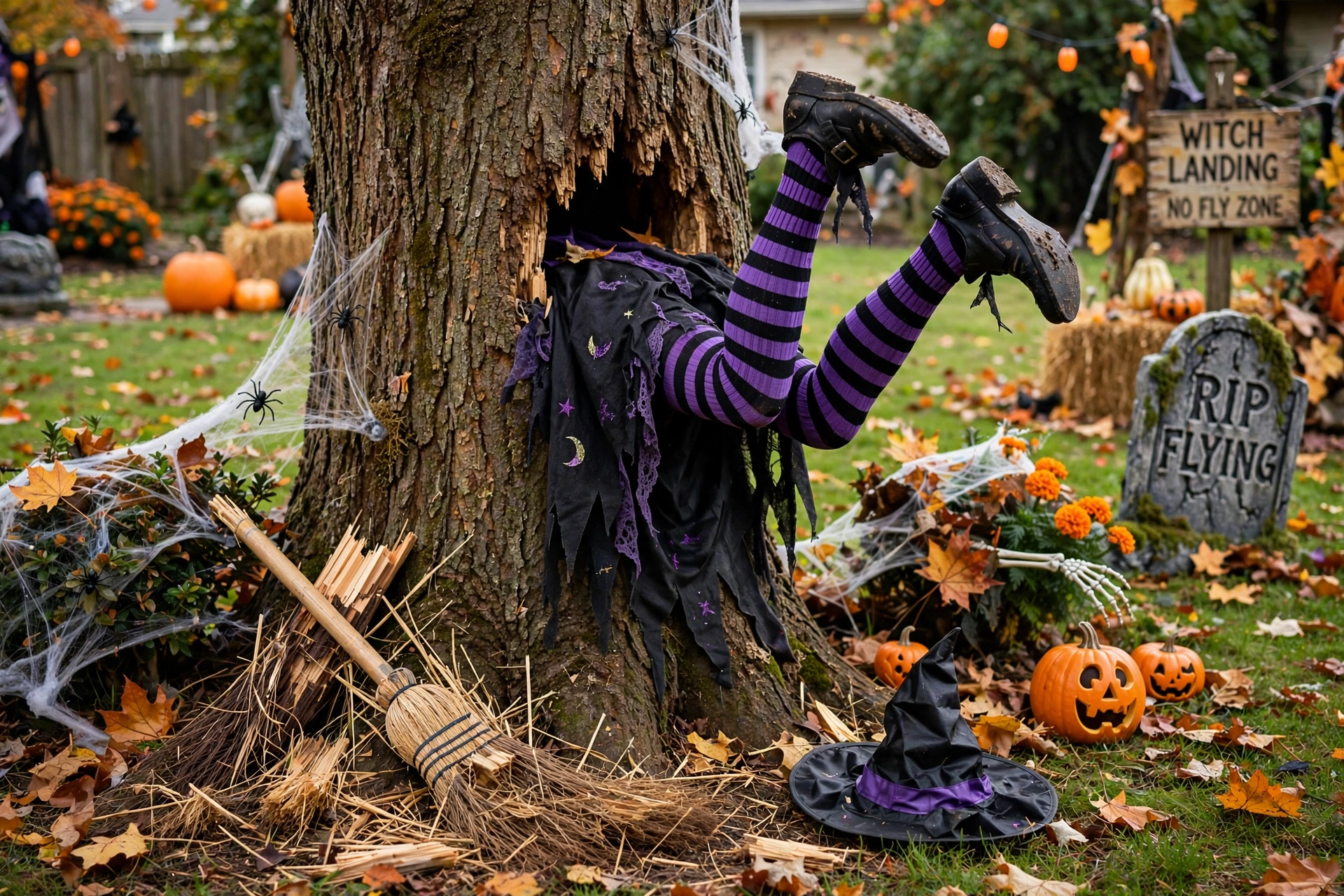 Witch decoration crashed legs-first into a tree trunk with striped stocking legs and broken broom.