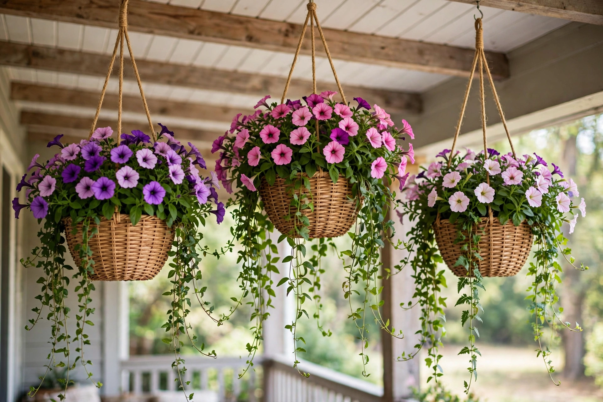 Woven hanging baskets with petunias and trailing vines on a porch ceiling.