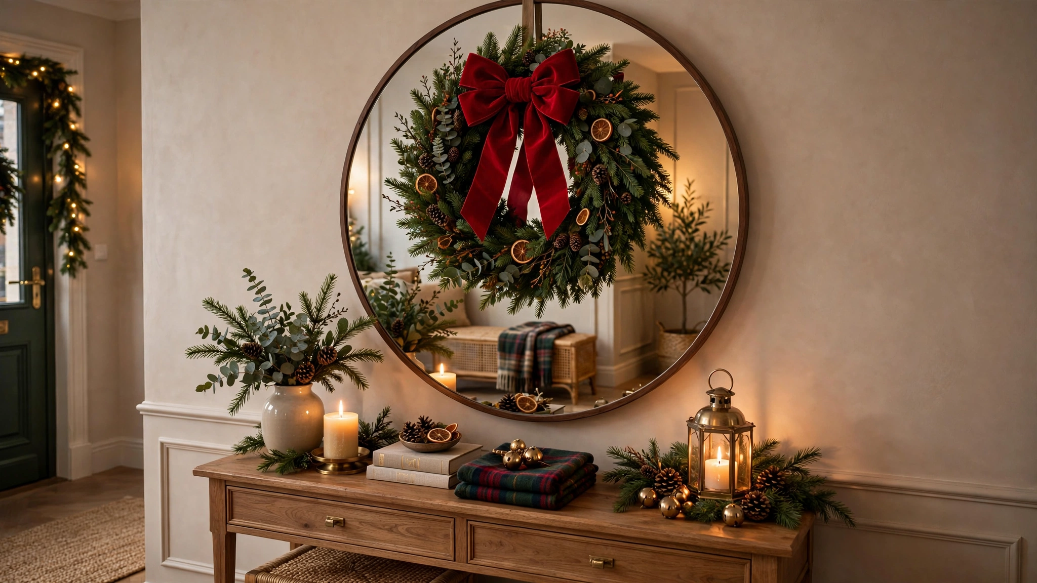 Green Christmas wreath with red bow hanging on an entryway mirror