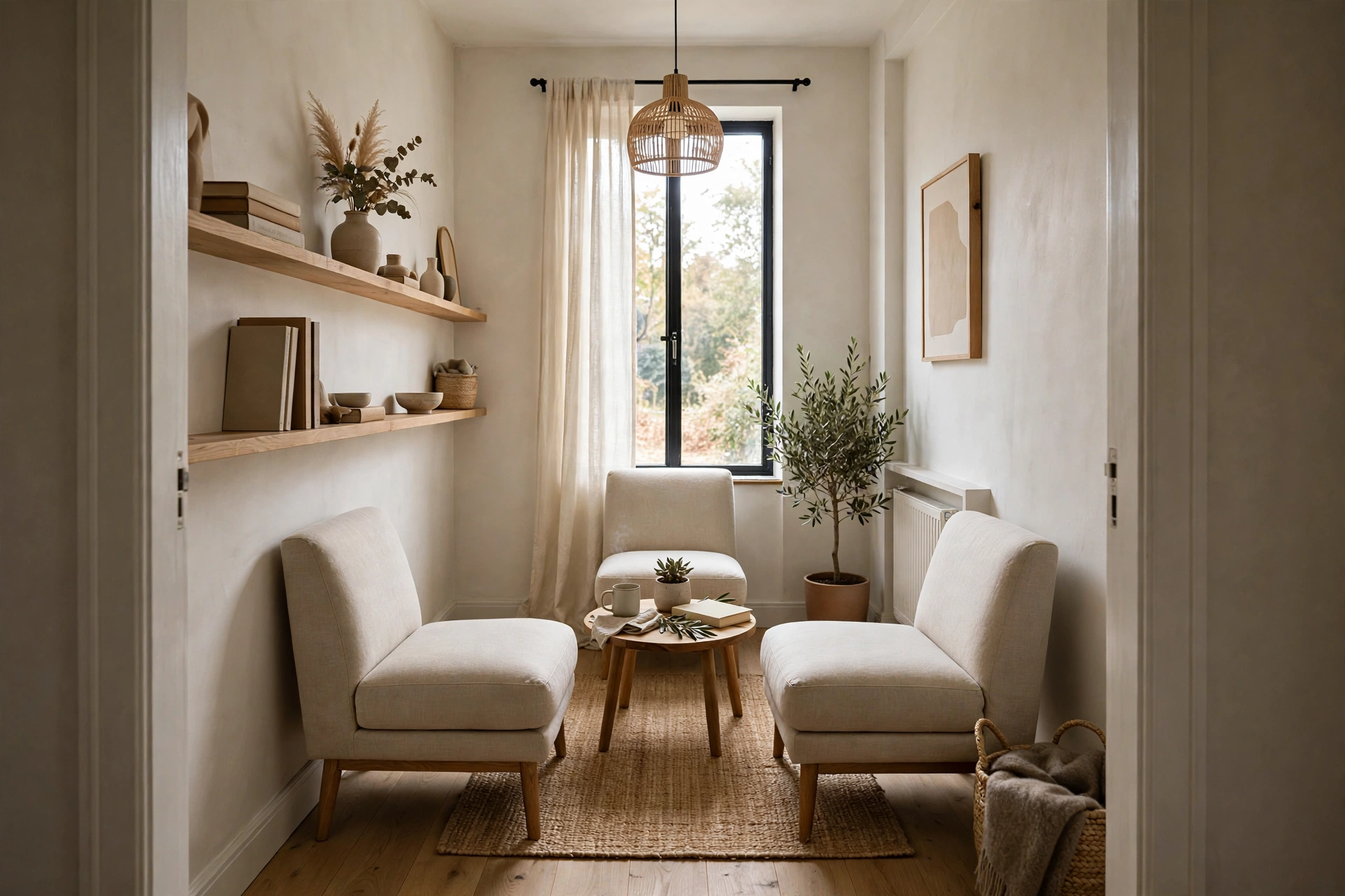 Armless accent chairs — narrow living room idea