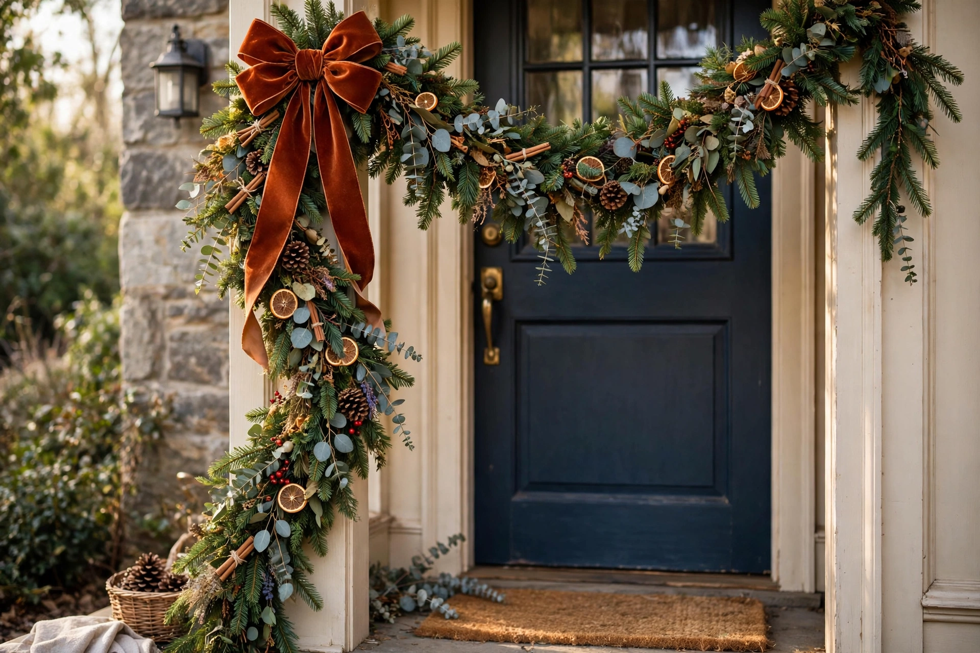 Asymmetrical garland swag — Christmas door idea