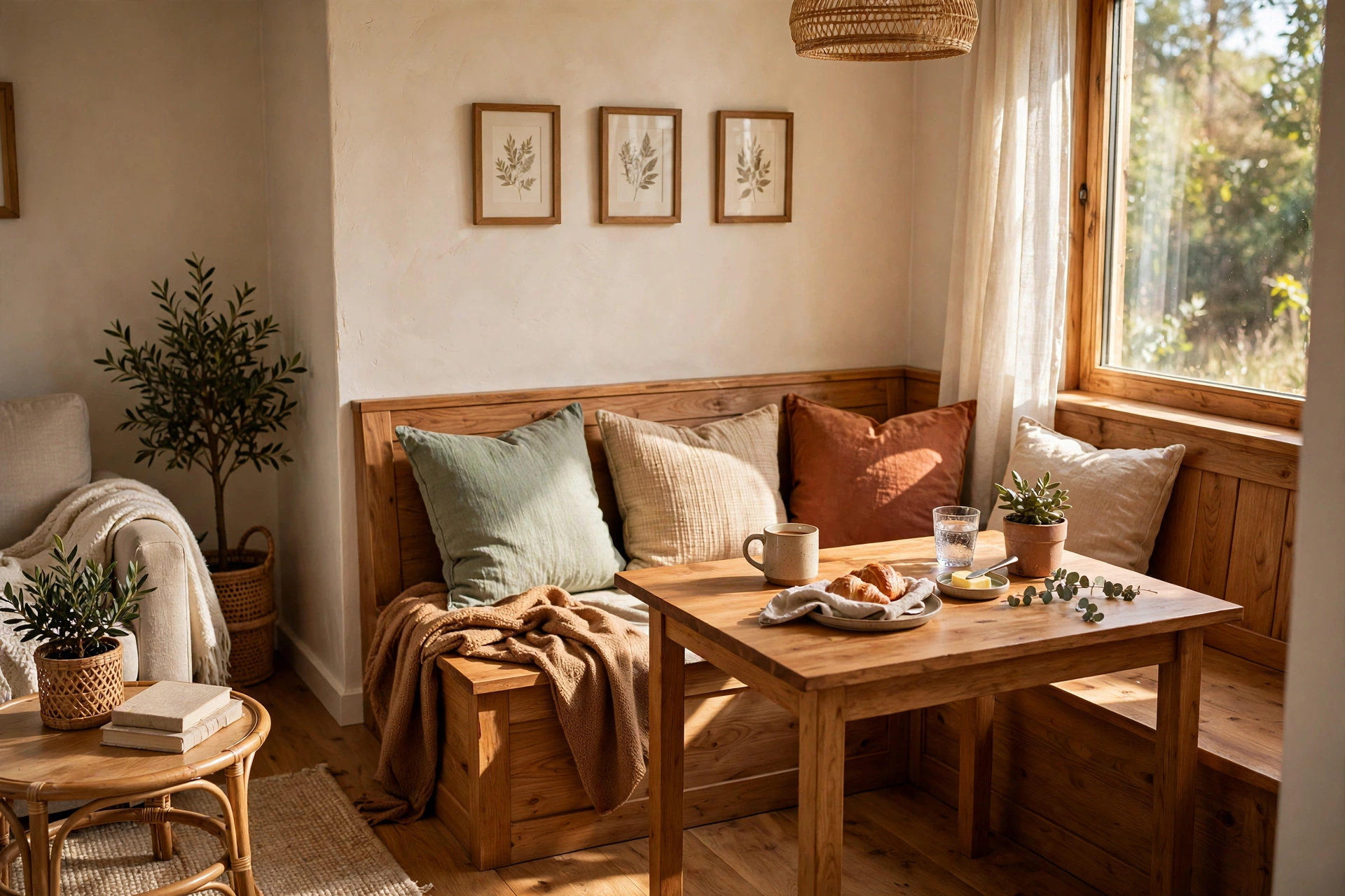 Wooden banquette bench nook with a small dining table in a compact combo room.
