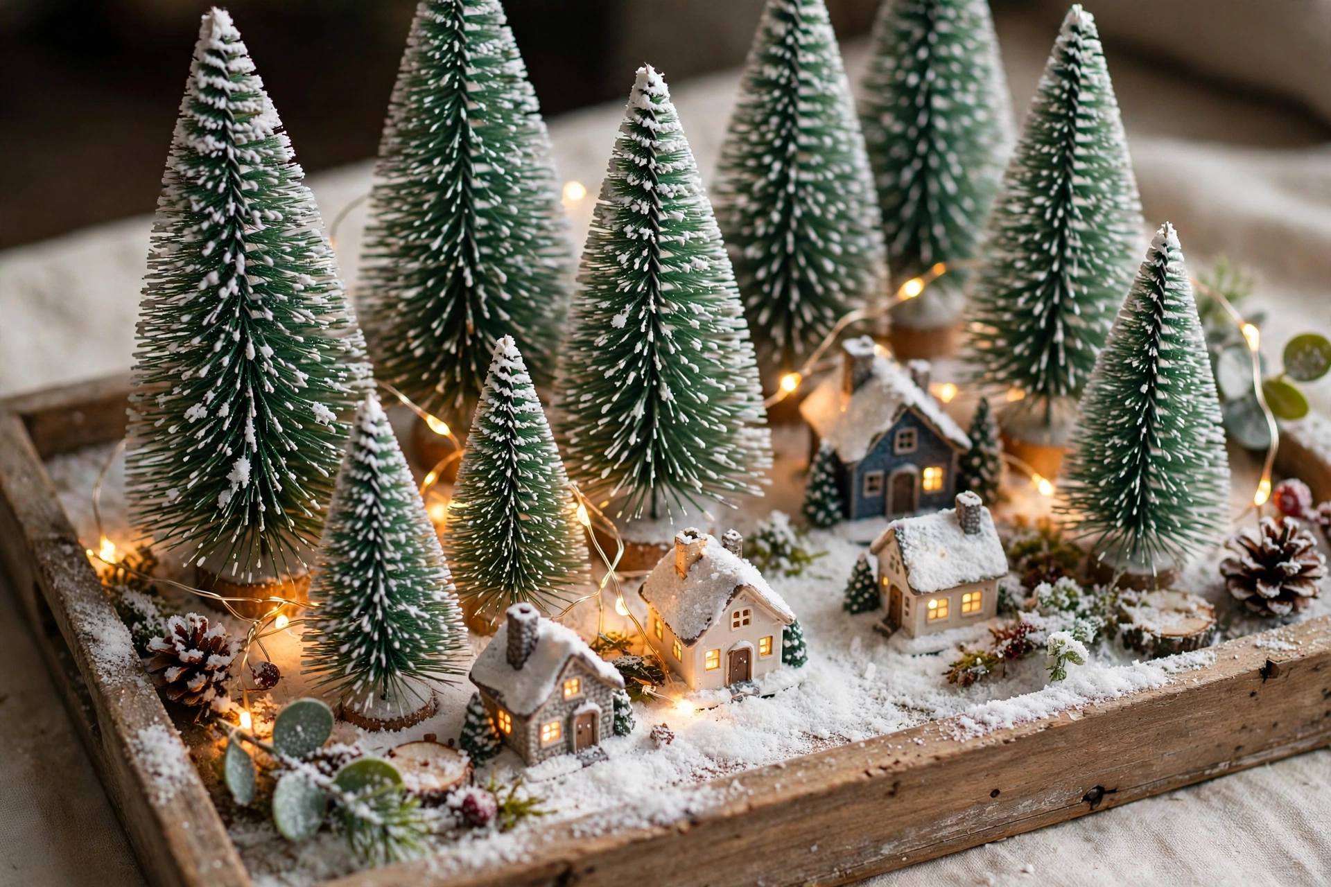 Bottle brush trees dusted with faux snow arranged as a village with tiny houses and fairy lights on a tray.