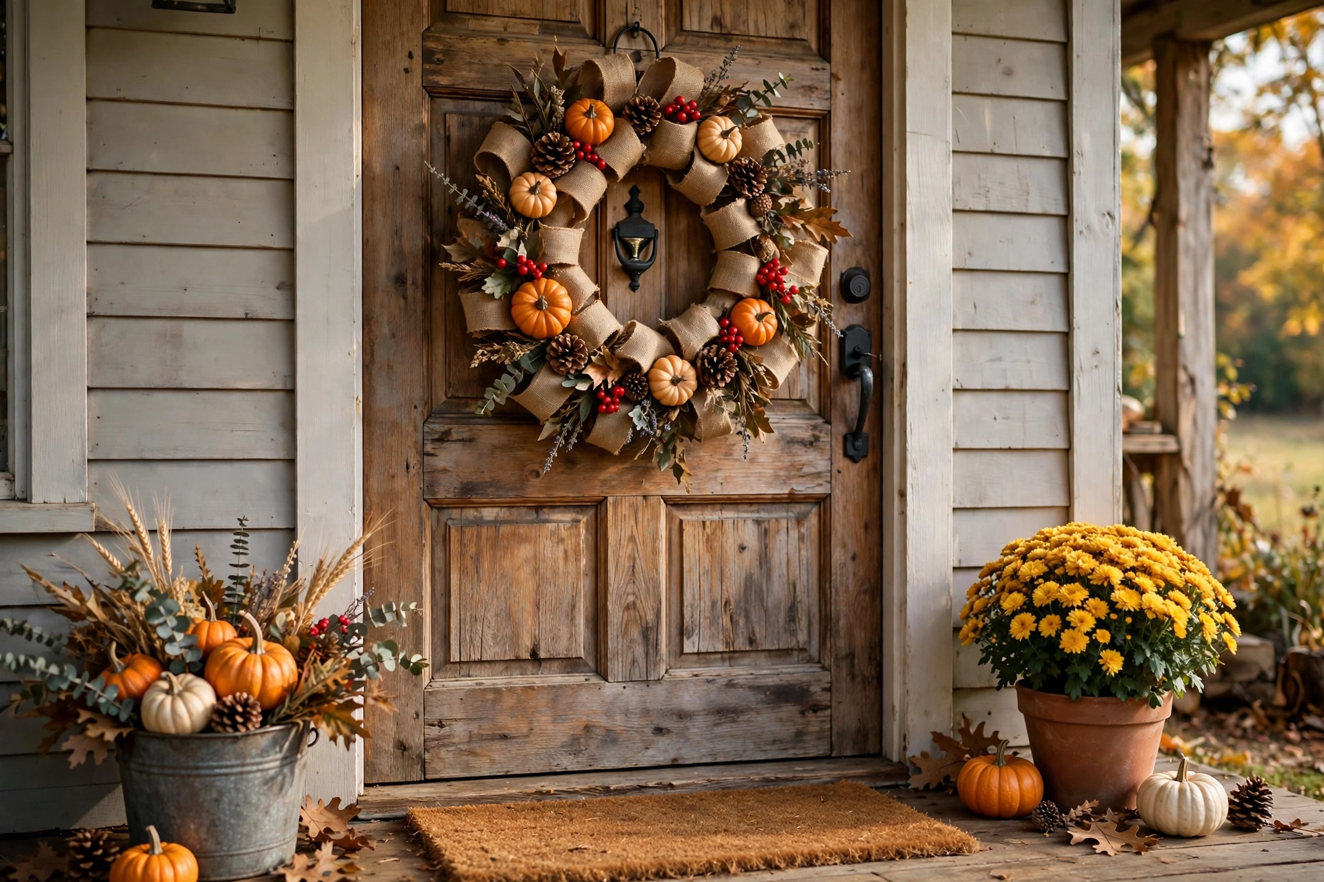 Burlap wreath with mini pumpkins, berries, and pinecones on a farmhouse door.