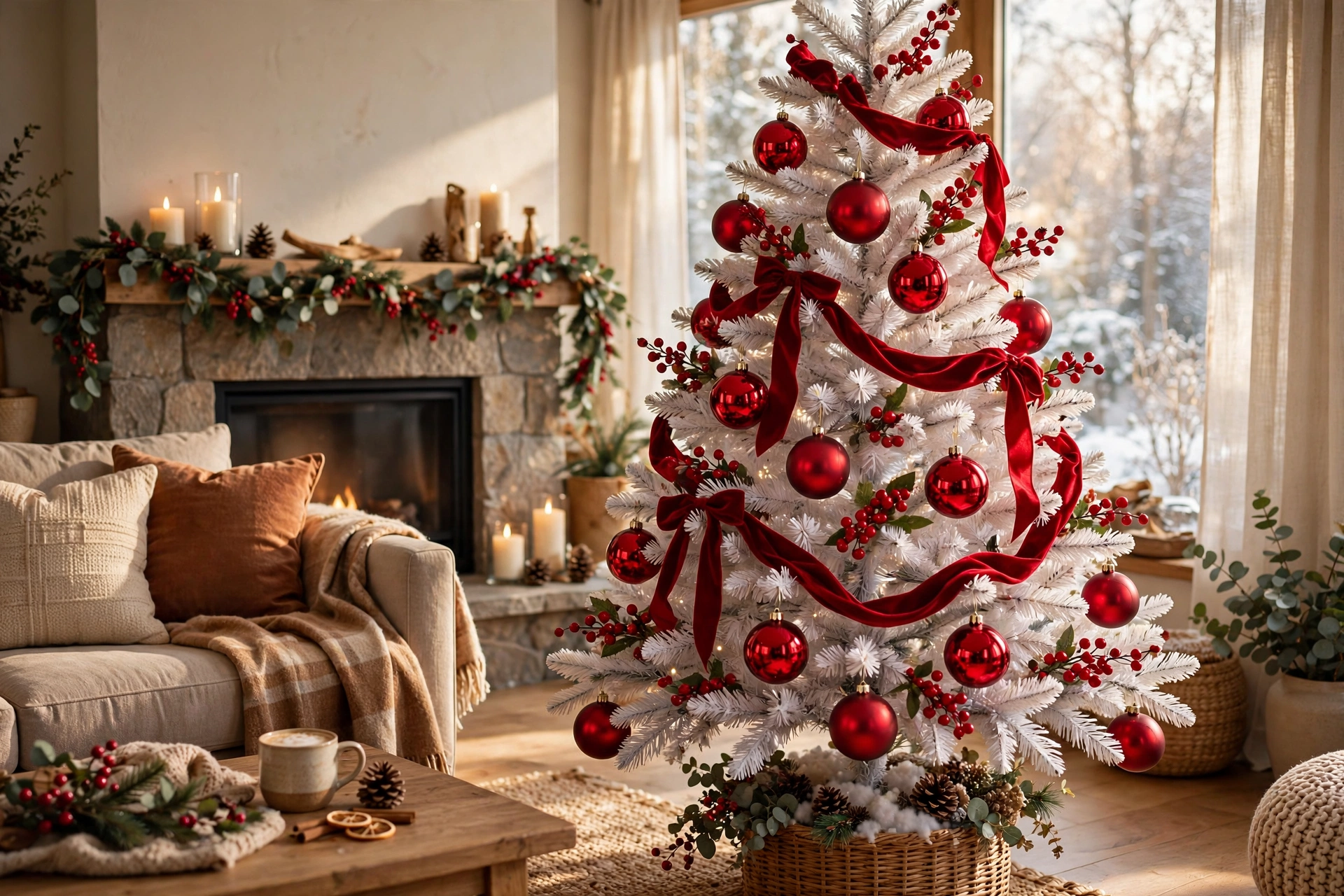 Classic red contrast tree — white Christmas tree idea
