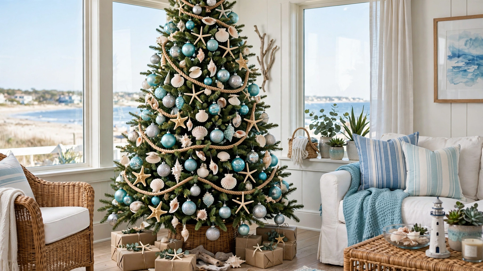 coastal Christmas tree with blue and silver ornaments, starfish, and shell decorations