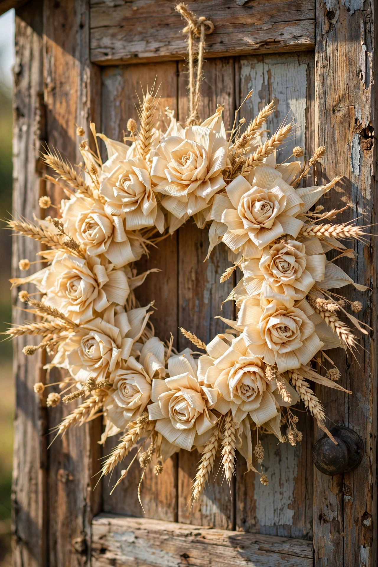 Creamy corn husk rosette wreath with dried wheat sprigs on a rustic wooden door.