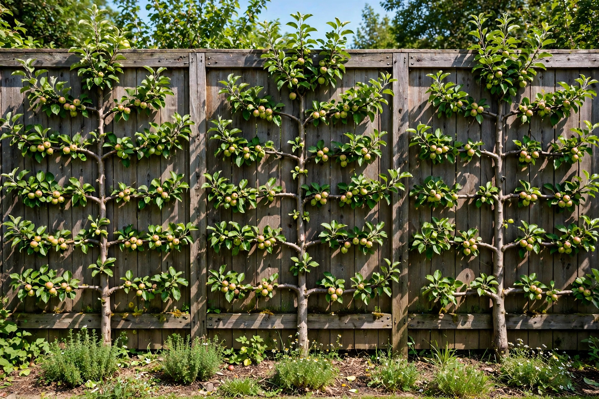 Espaliered apple trees with geometric horizontal branches trained flat against a wooden fence.