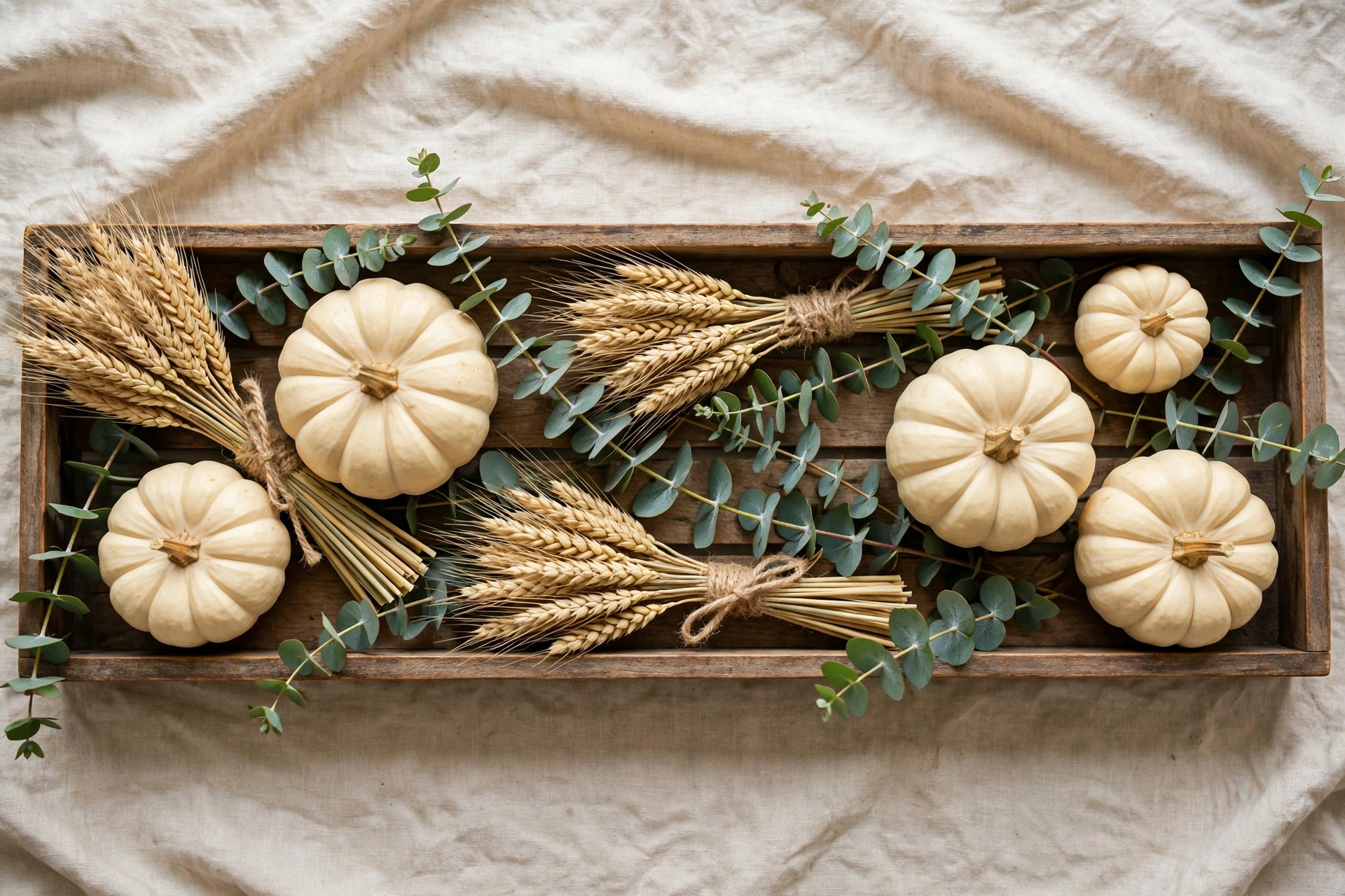 Long rectangular tray with eucalyptus stems, wheat bundles, and cream pumpkins on linen.
