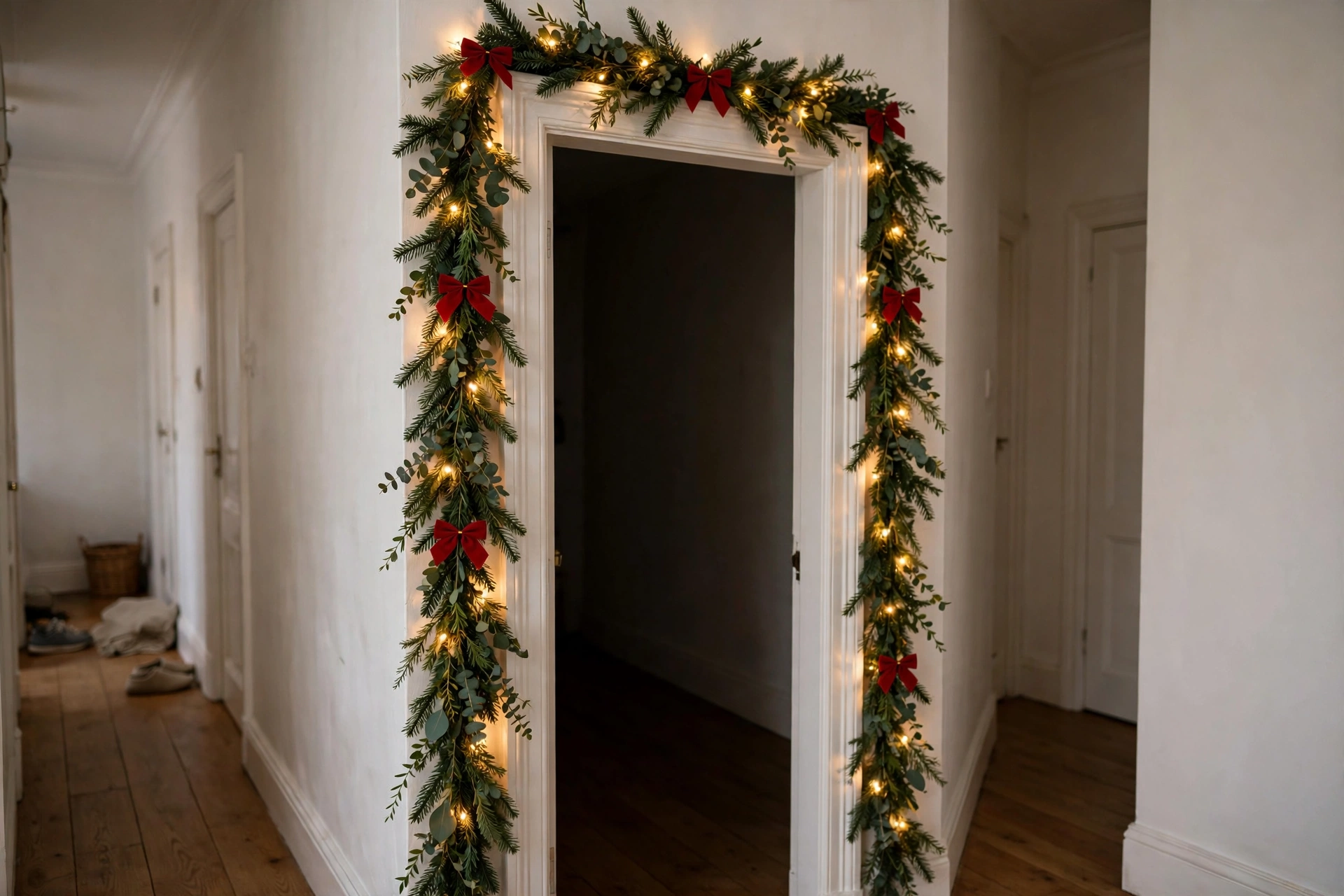 Slim evergreen garland with warm fairy lights and red bows draped around a white apartment door frame.
