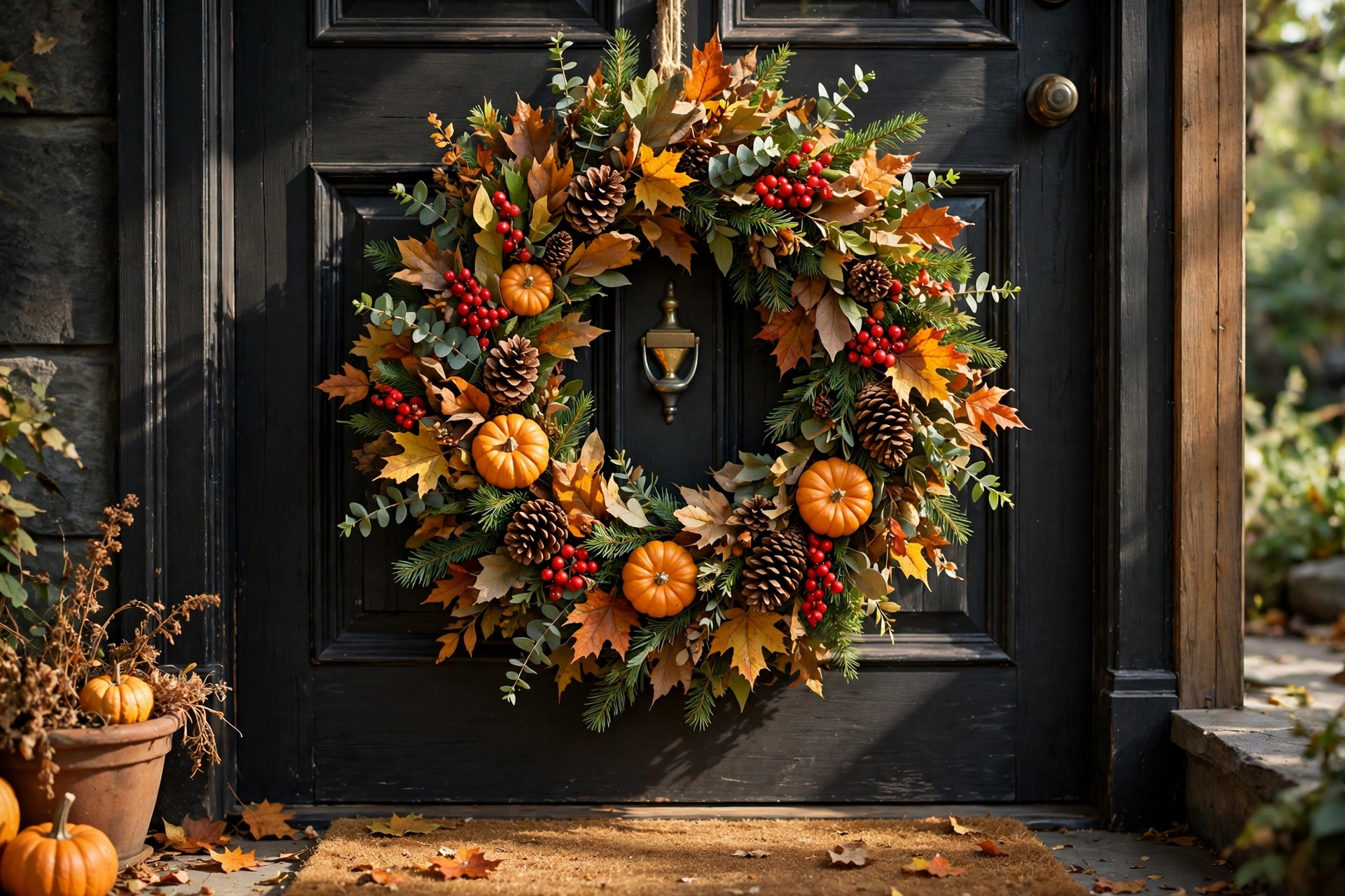 Autumn wreath with berries and mini pumpkins hanging on a front door.