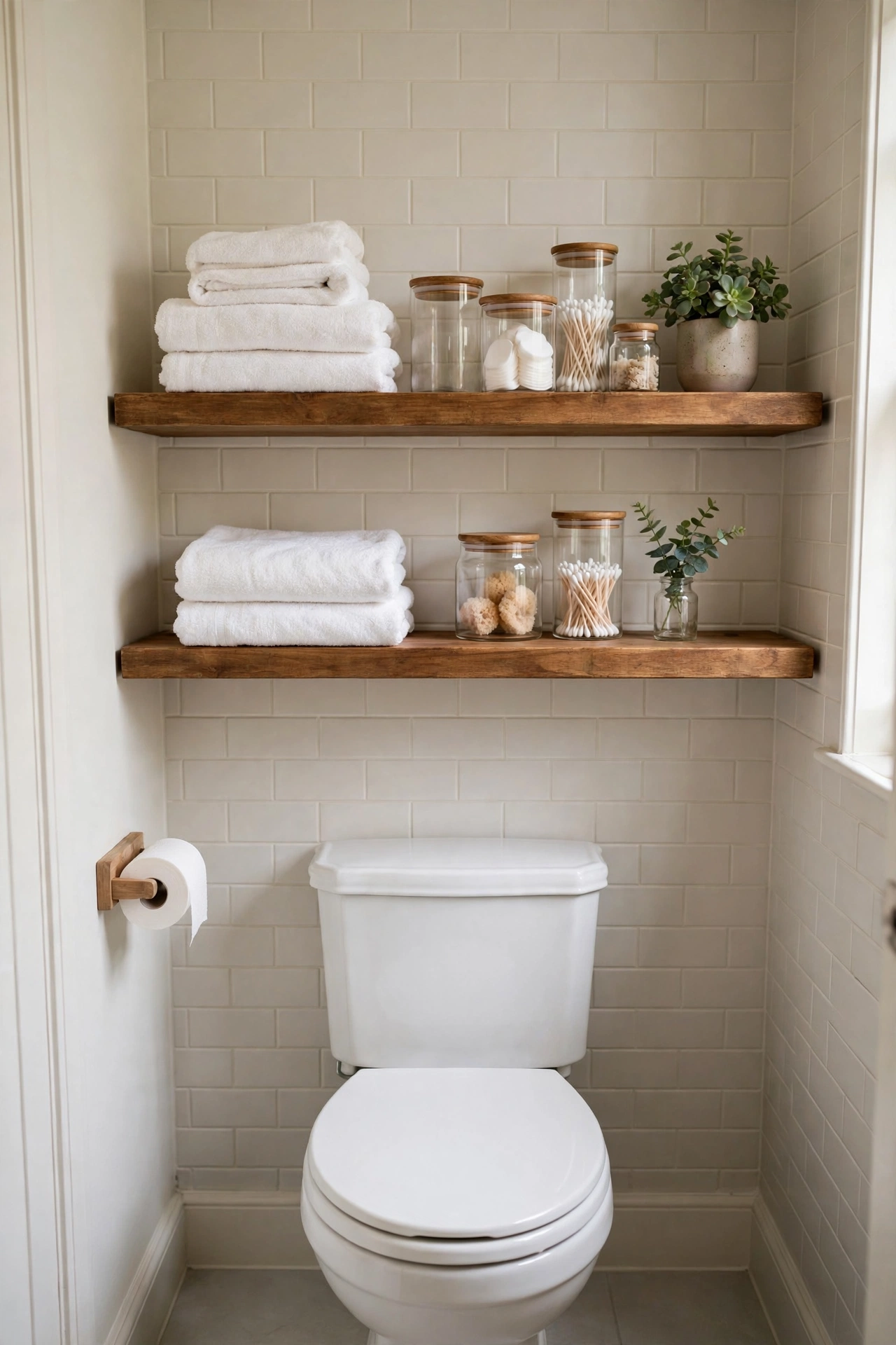 Two wooden floating shelves mounted above a toilet in a small bathroom with folded white towels, glass jars, and a small plant, realistic photo, no text