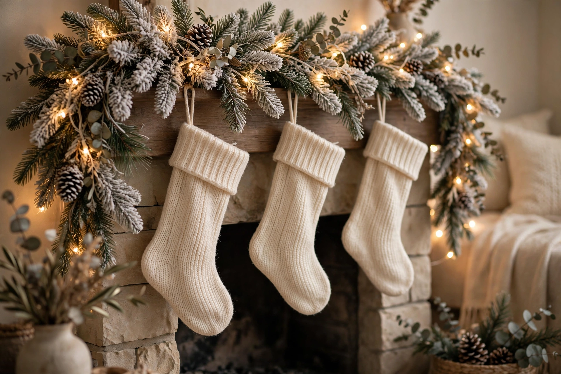 Flocked snowy evergreen garland with warm white lights draped over a mantel with cream stockings.