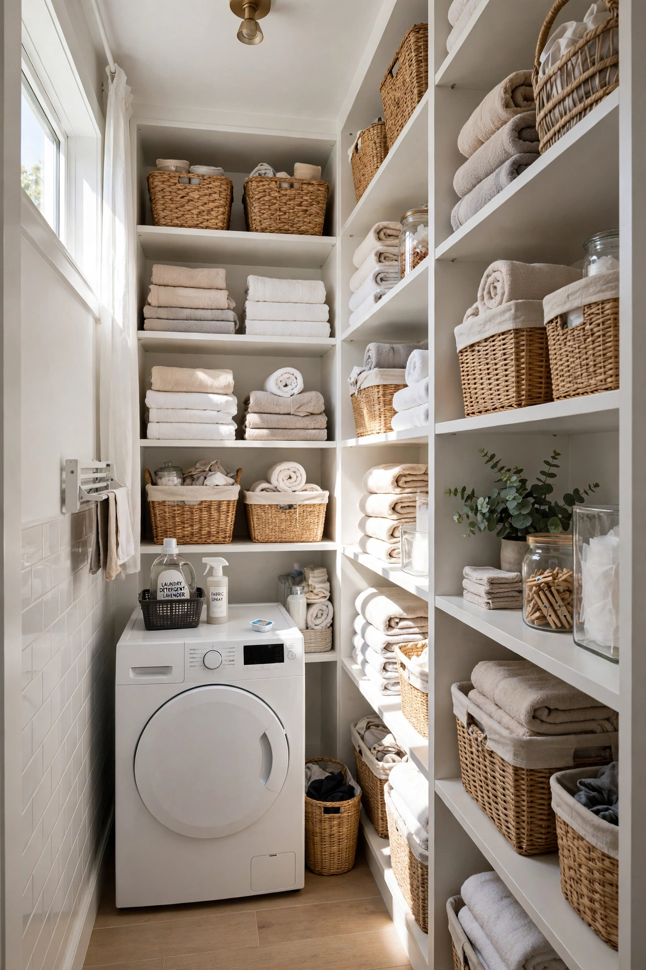 Floor-to-ceiling vertical shelving — small narrow laundry room idea