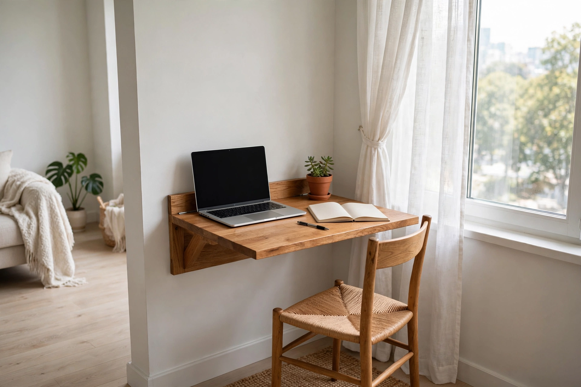 A small fold-down wooden wall desk opened for work in a bright studio apartment corner