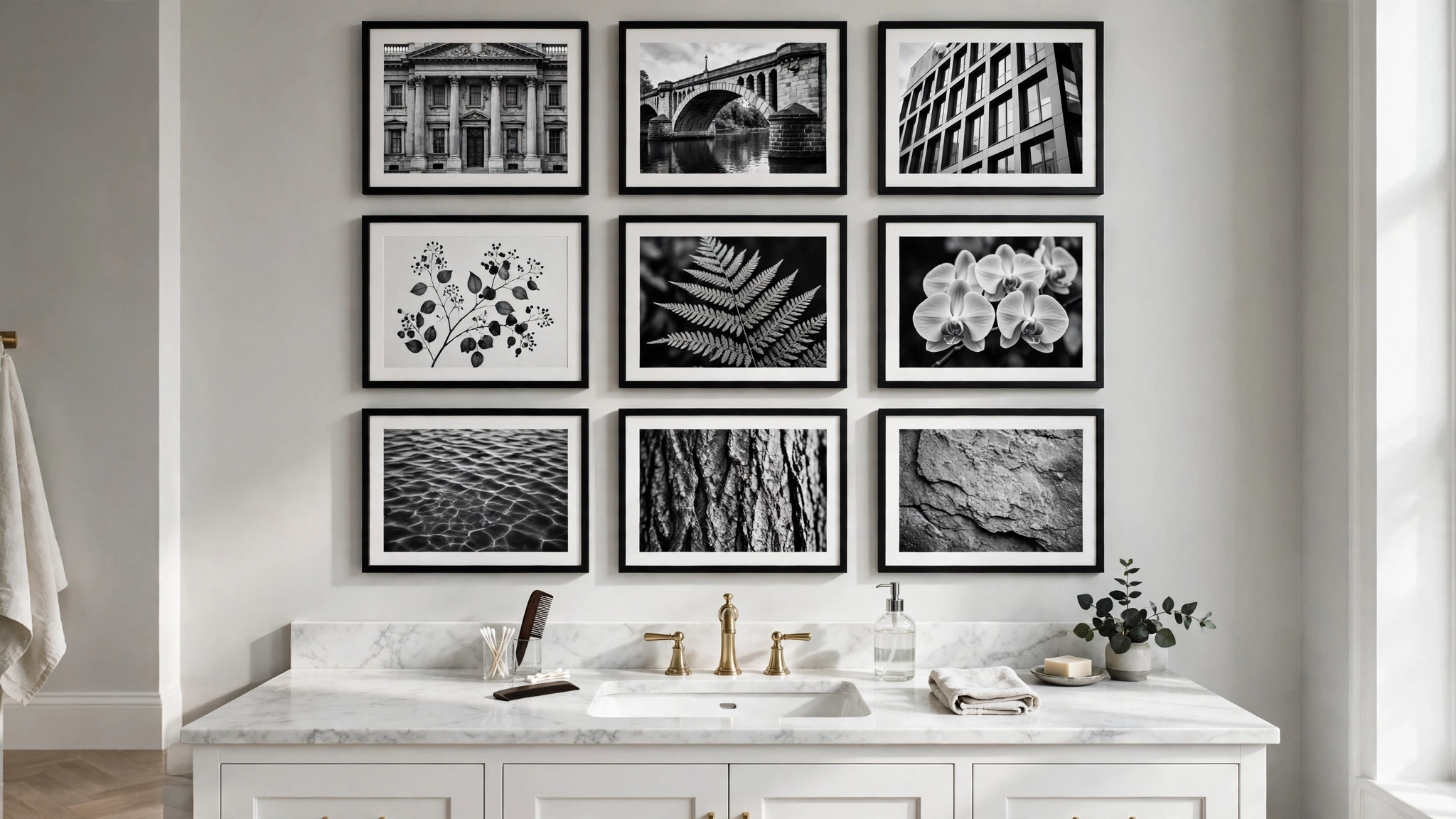 Gallery wall of black and white framed photographs arranged in a grid on a bathroom wall