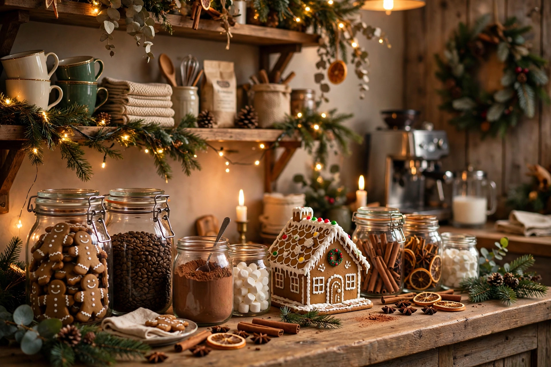 Coffee bar with glass jars of gingerbread cookies and gingerbread house