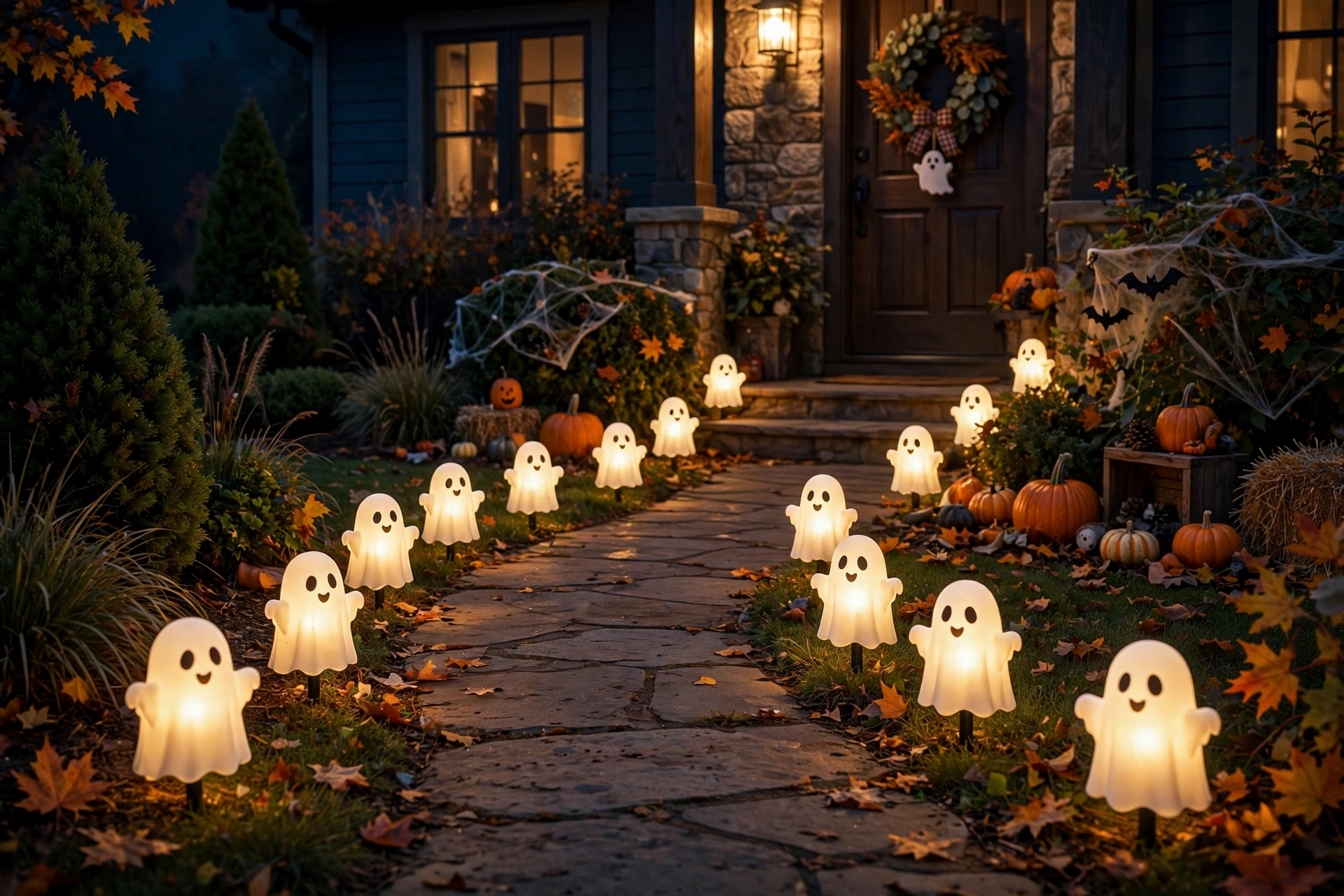 Glowing white ghost path lights lining a front walkway at night.