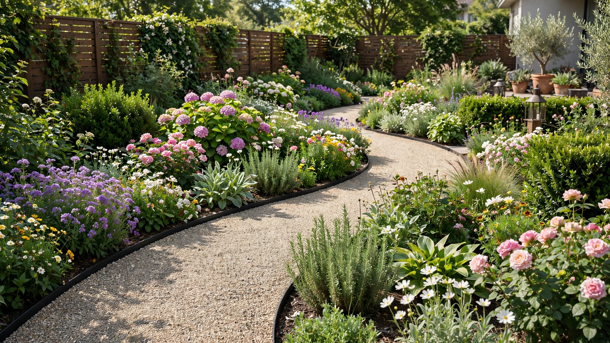Curved gravel garden paths winding between flower beds and shrubs in a sunny backyard