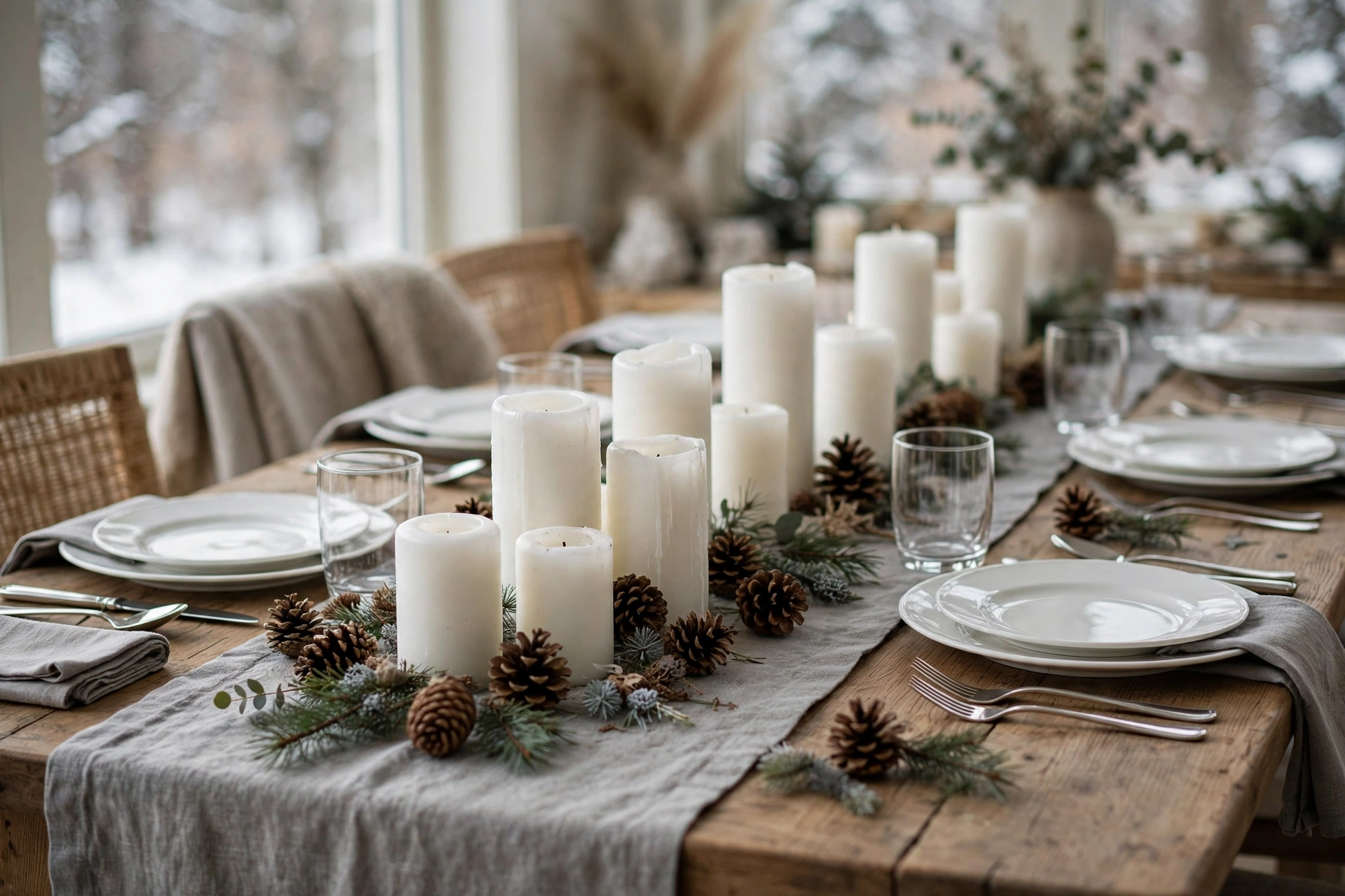 Grey linen table runner lined with pillar candles and pinecones