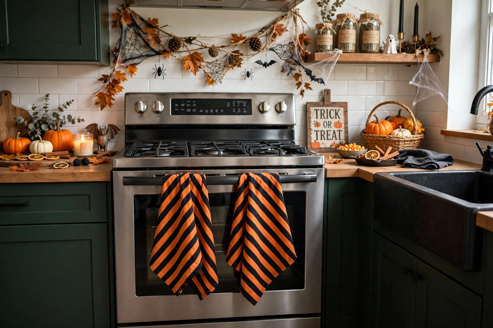 Kitchen oven with black and orange striped halloween tea towels on the handle.