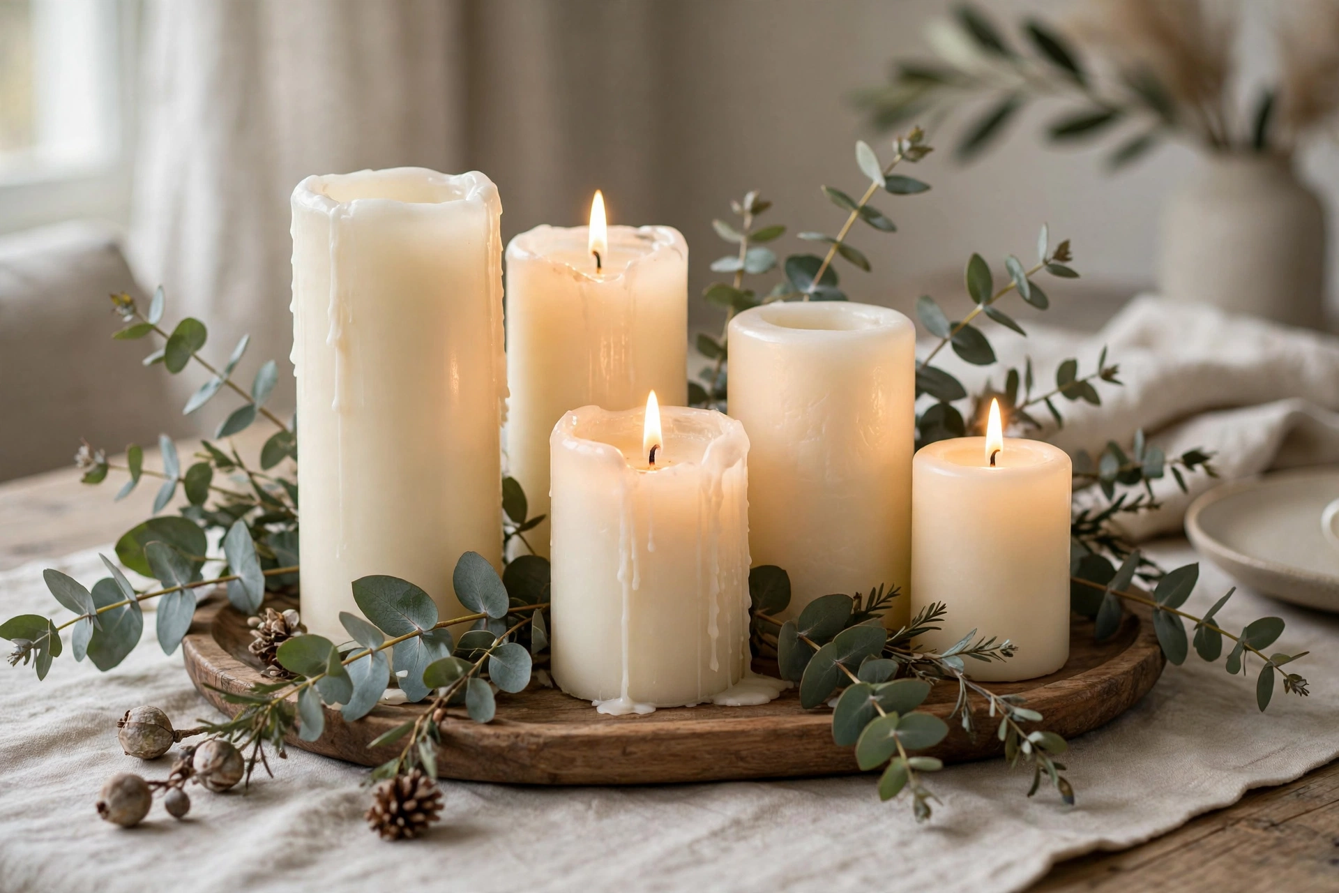 A cluster of ivory pillar candles in different heights on a wooden tray with eucalyptus sprigs.