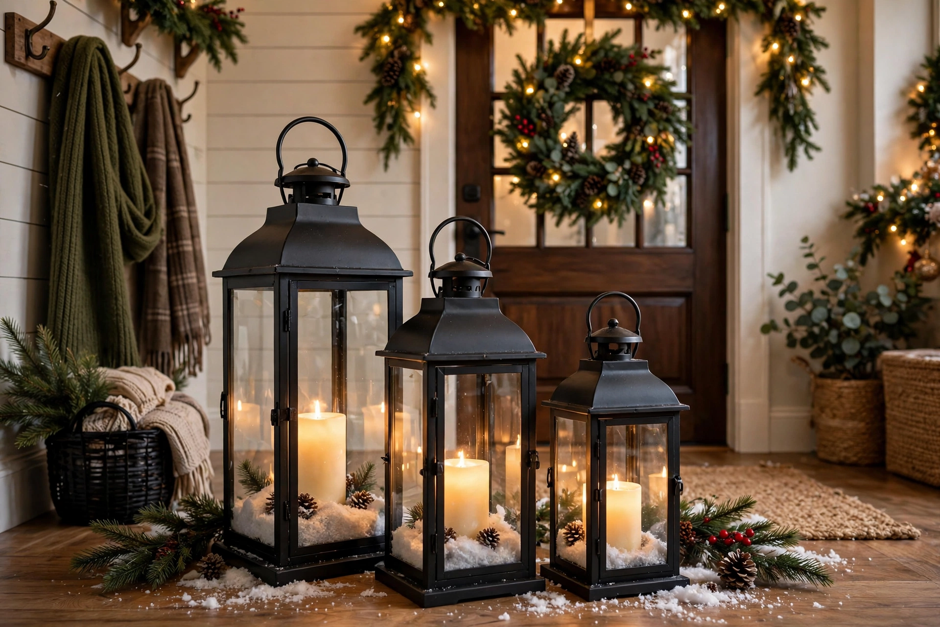 Cluster of lanterns with candles in a Christmas entryway