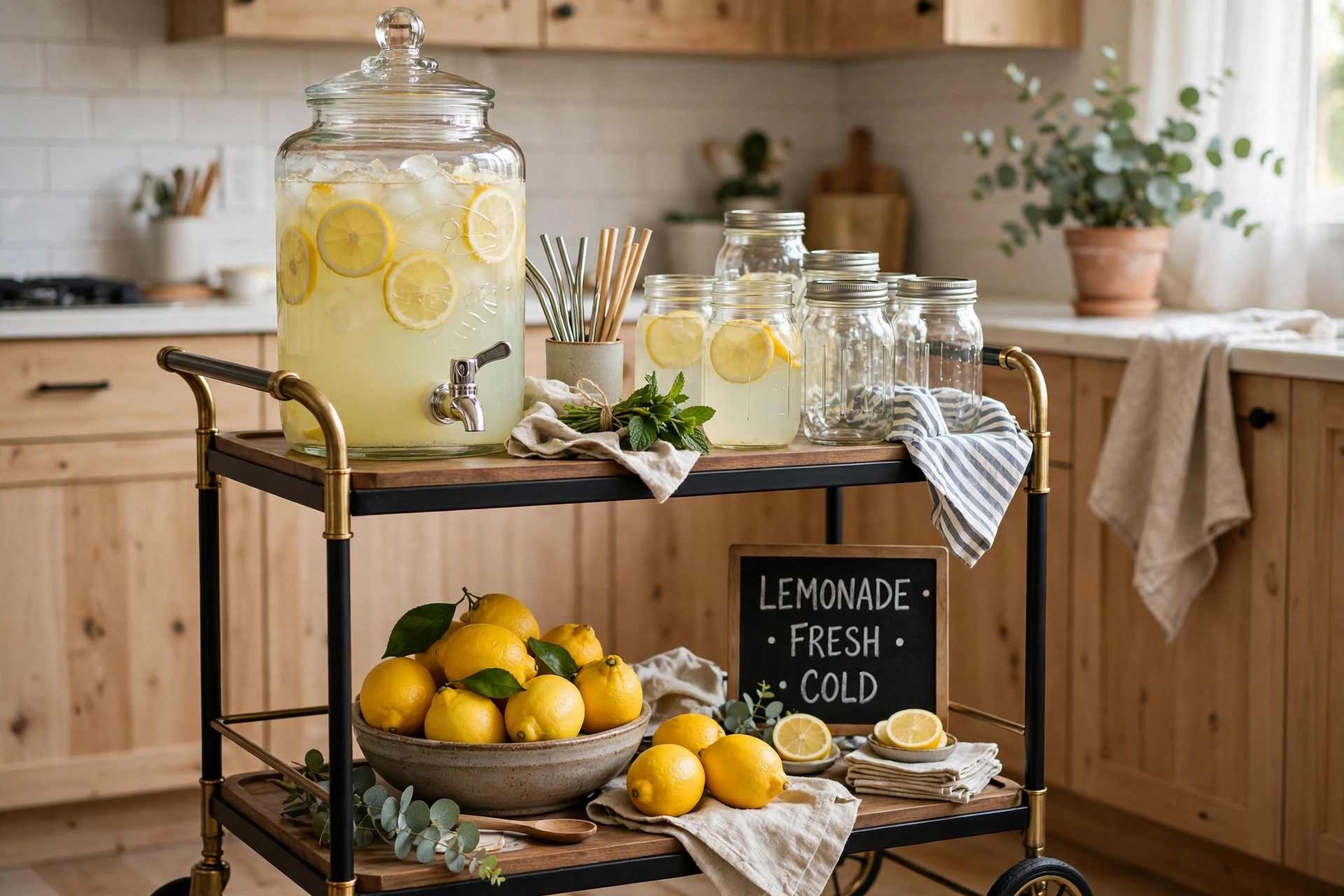 Bar cart lemonade station with glass dispenser, mason jars and bowl of lemons.