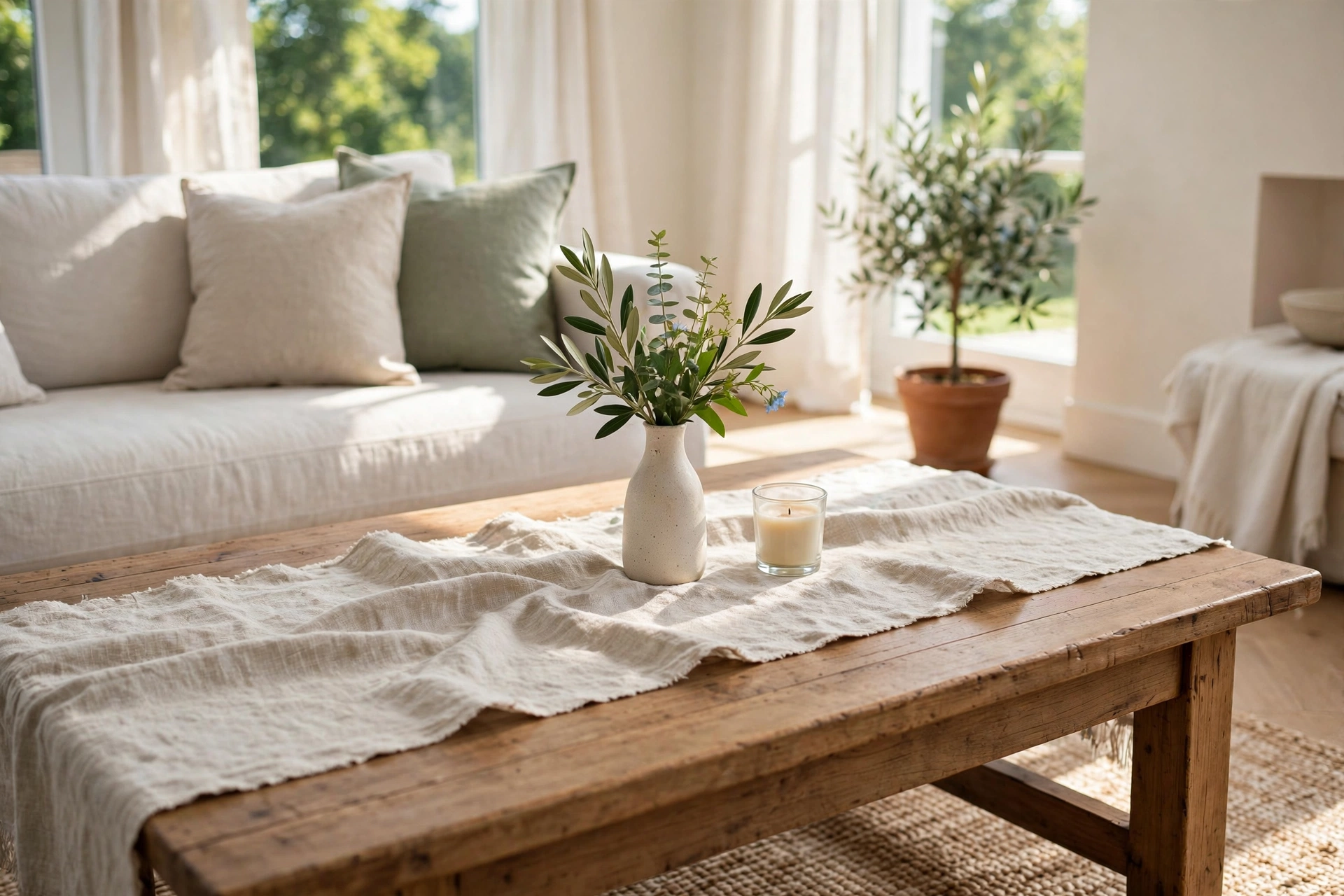 Natural linen runner laid across a wooden coffee table with a small vase and candle on top in a bright living room.