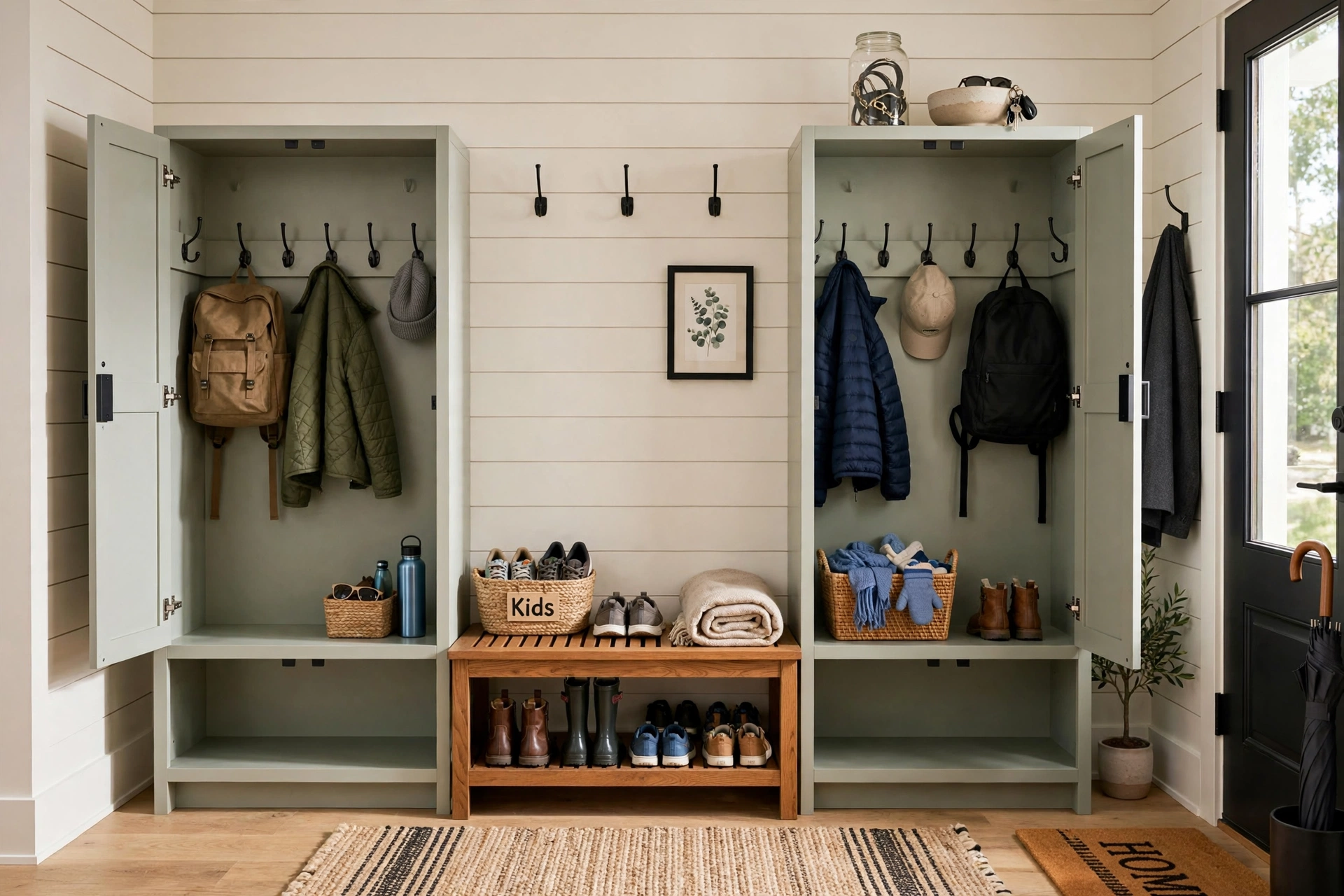 Locker-style cabinet row — drop zone idea