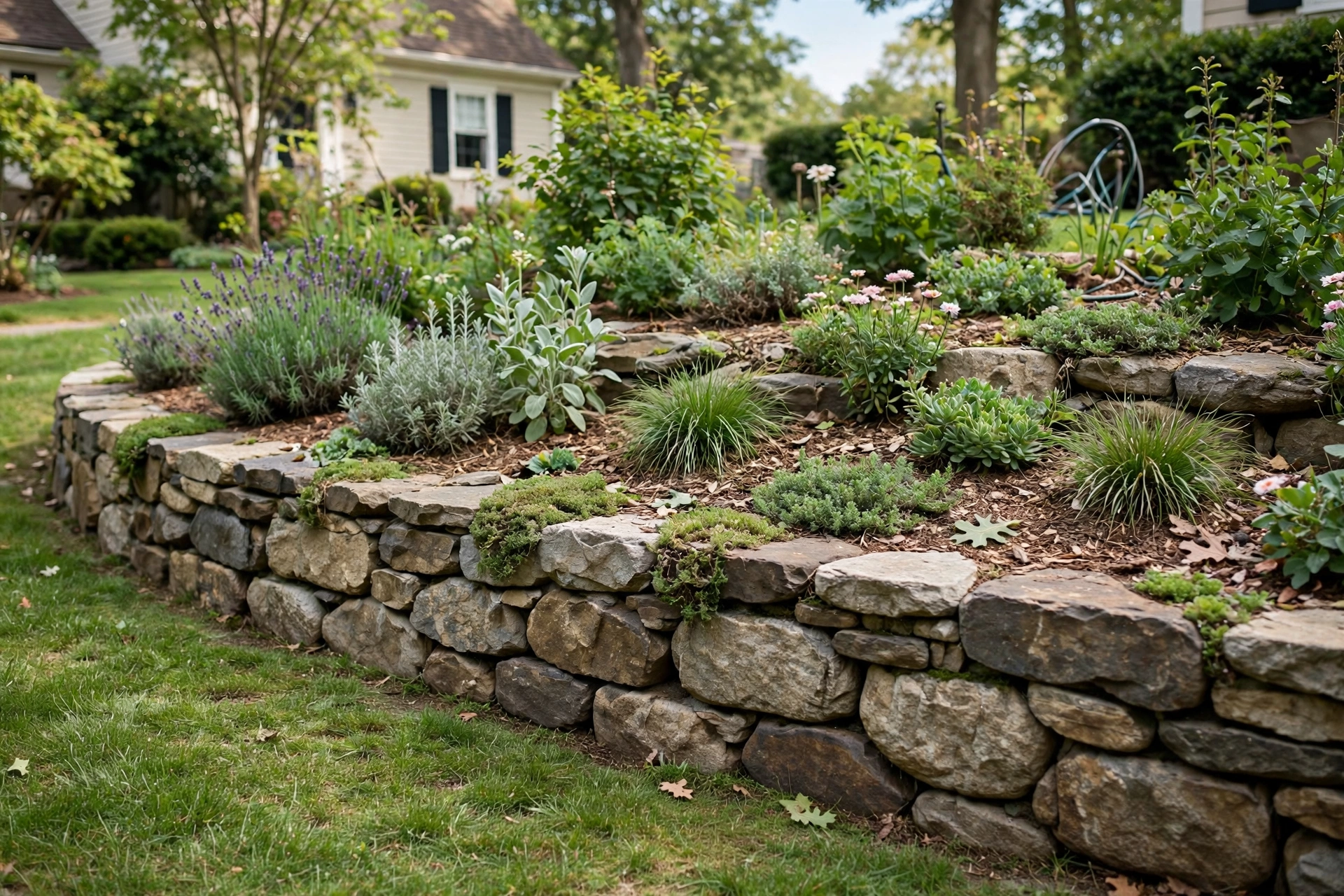 Low natural stone retaining wall bordering a raised front yard garden bed.