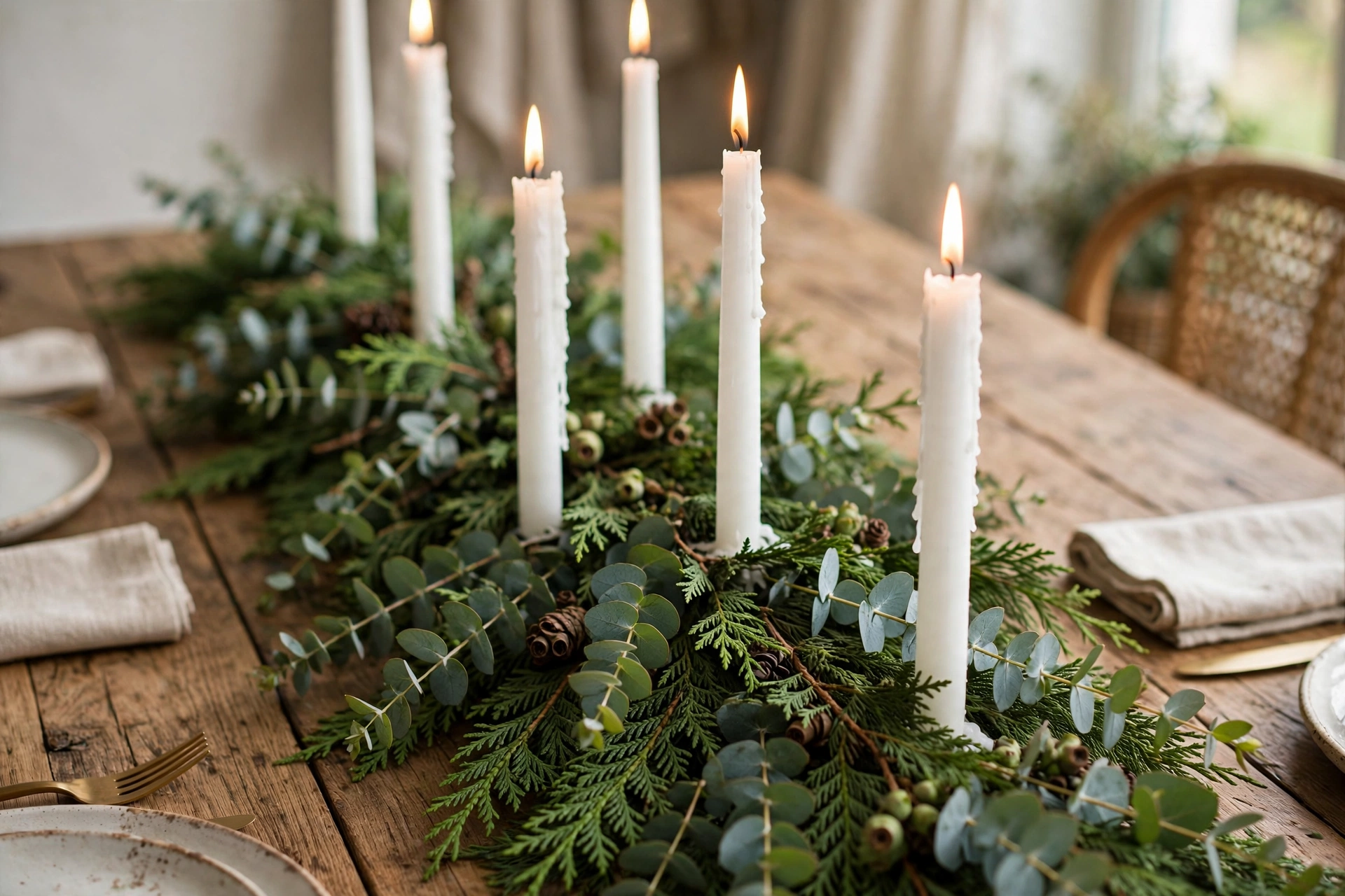 Fresh eucalyptus and cedar greenery runner with white taper candles down a dining table.