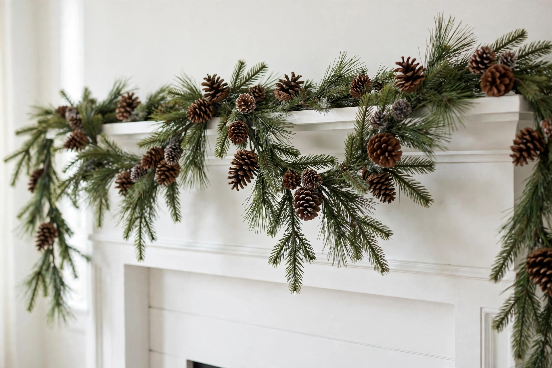 Fresh pine garland with pinecones draped along a white mantel.