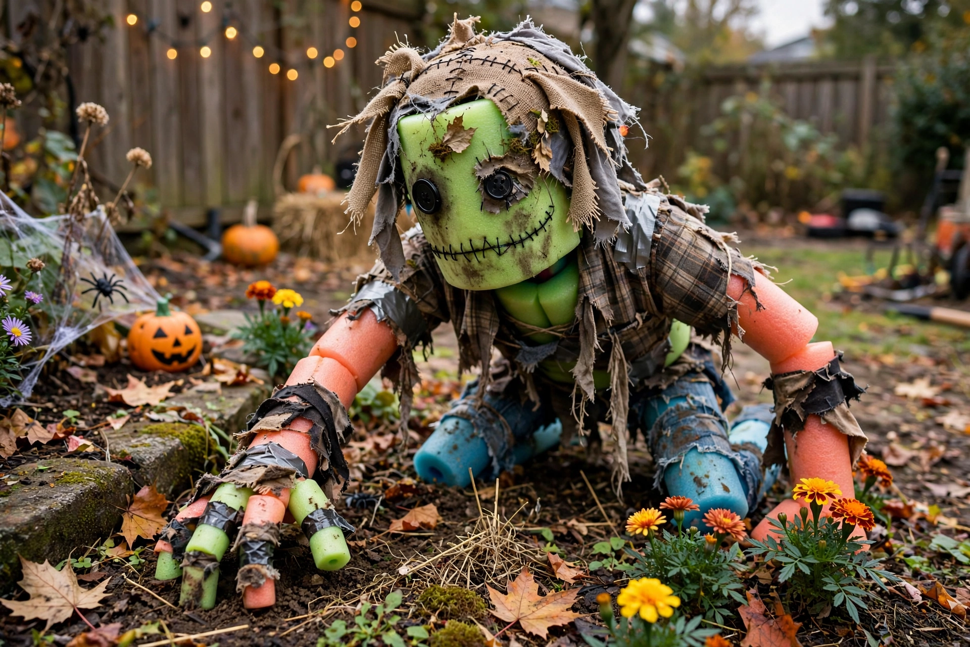 Zombie figure made from pool noodles and torn clothes crawling out of a flowerbed.