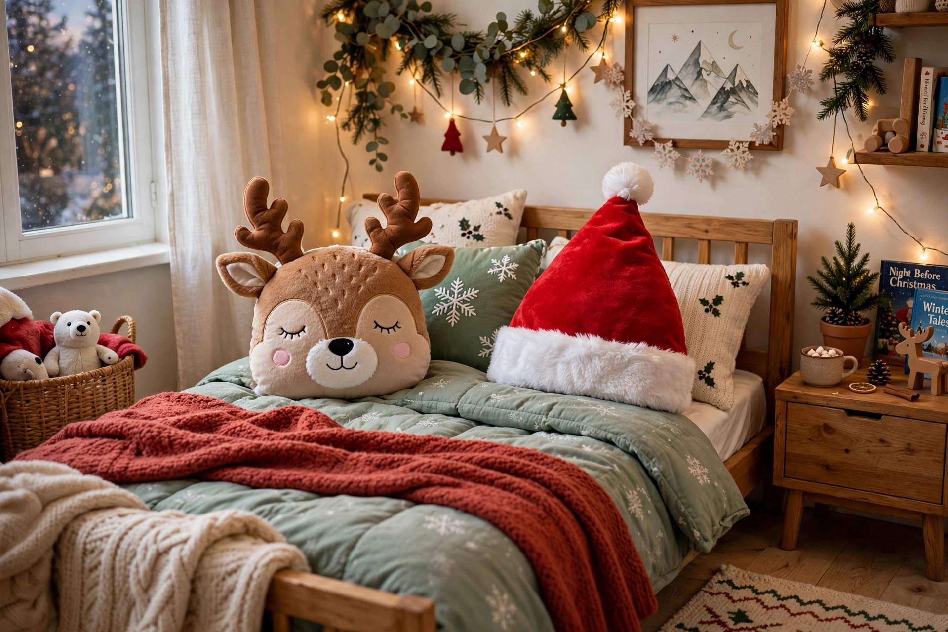 Reindeer throw pillows — Christmas bedroom idea for kids