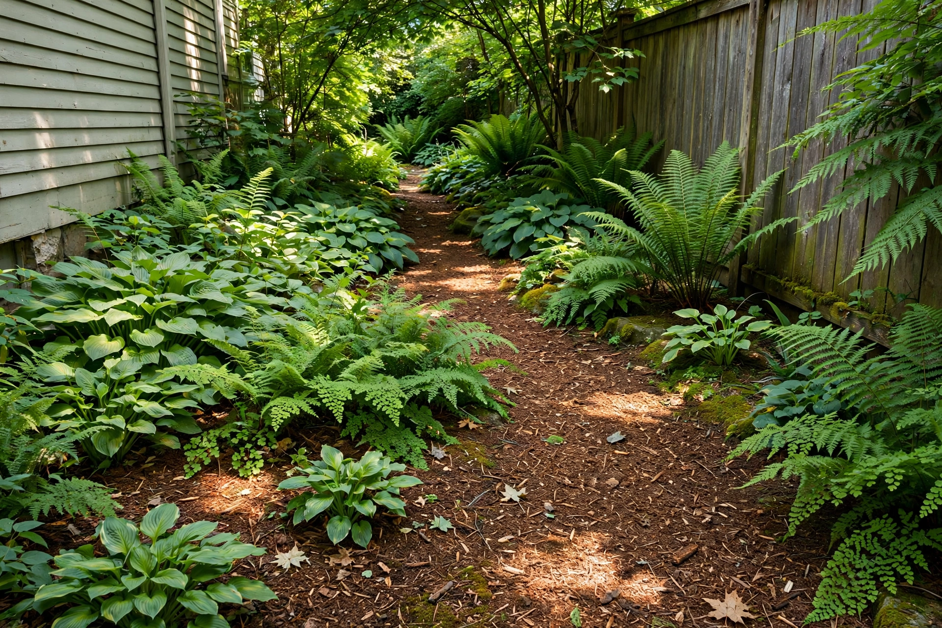 Lush shady side yard corridor filled with green ferns and hostas, mulched woodland path, dappled light.