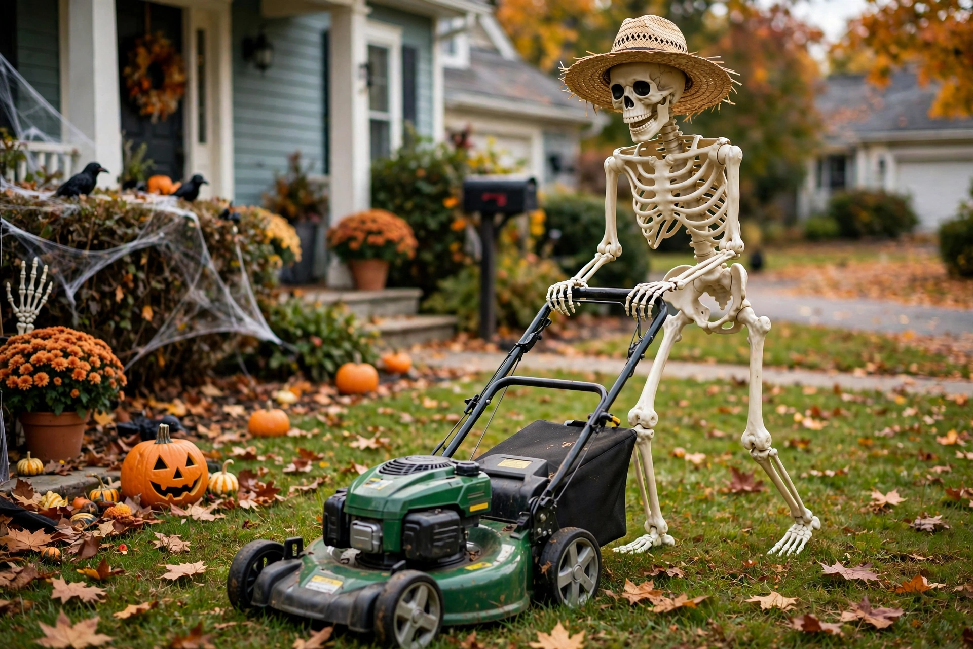 Plastic skeleton in a straw hat pushing a lawn mower across a front yard.