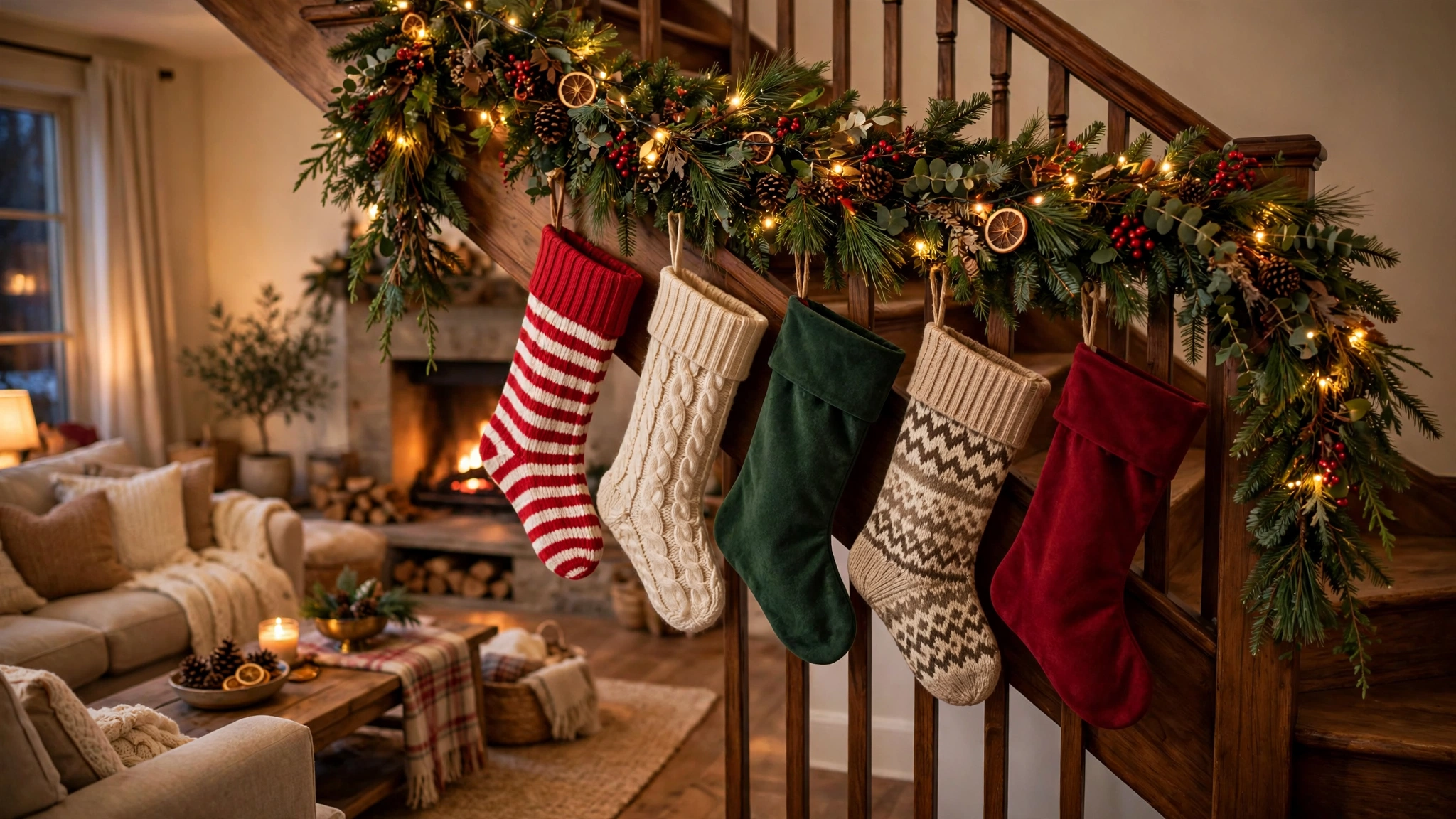 Festive stockings in mixed patterns hanging in a row along a garland-draped stair railing.