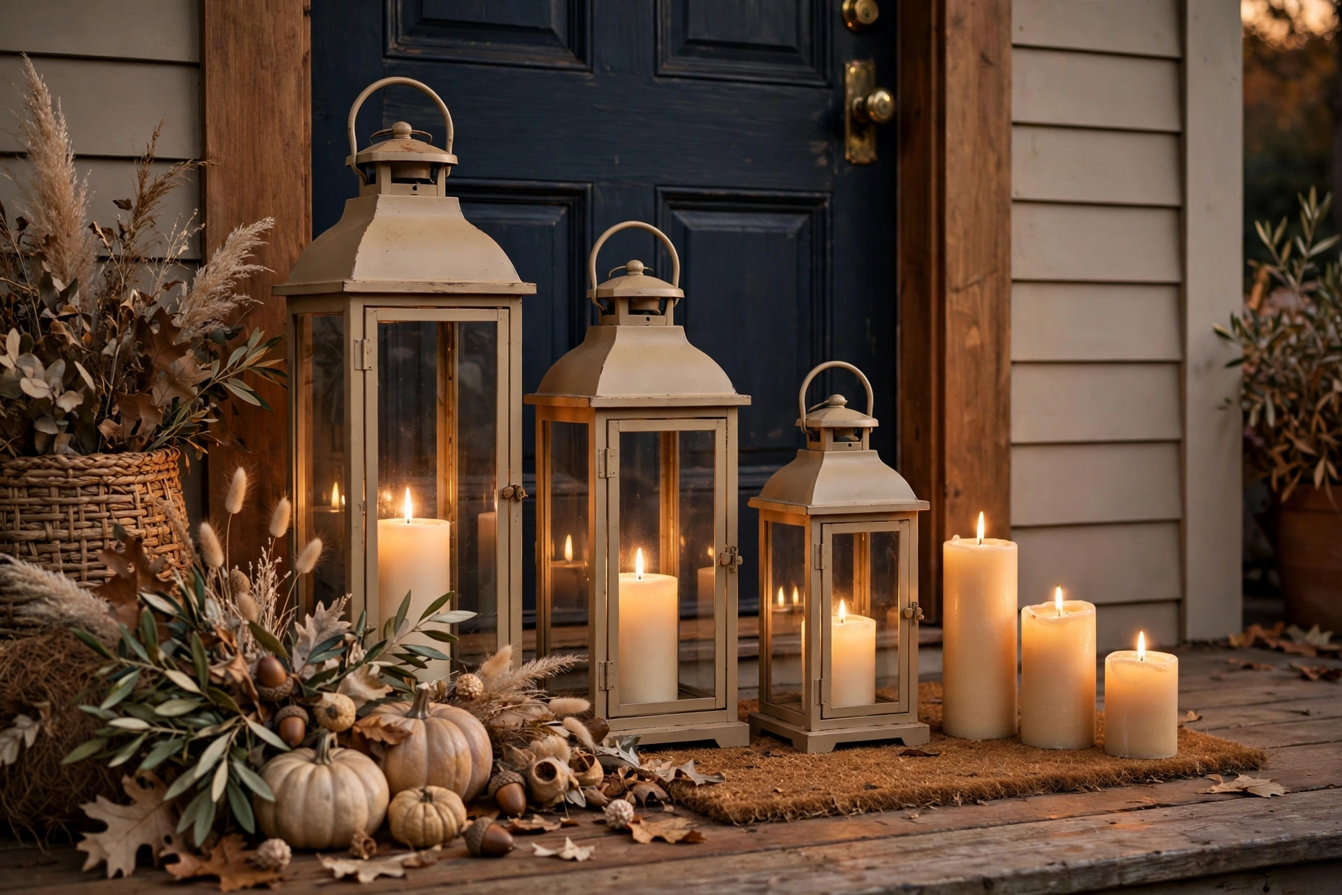 Three tan lanterns of different heights with pillar candles beside a front door.