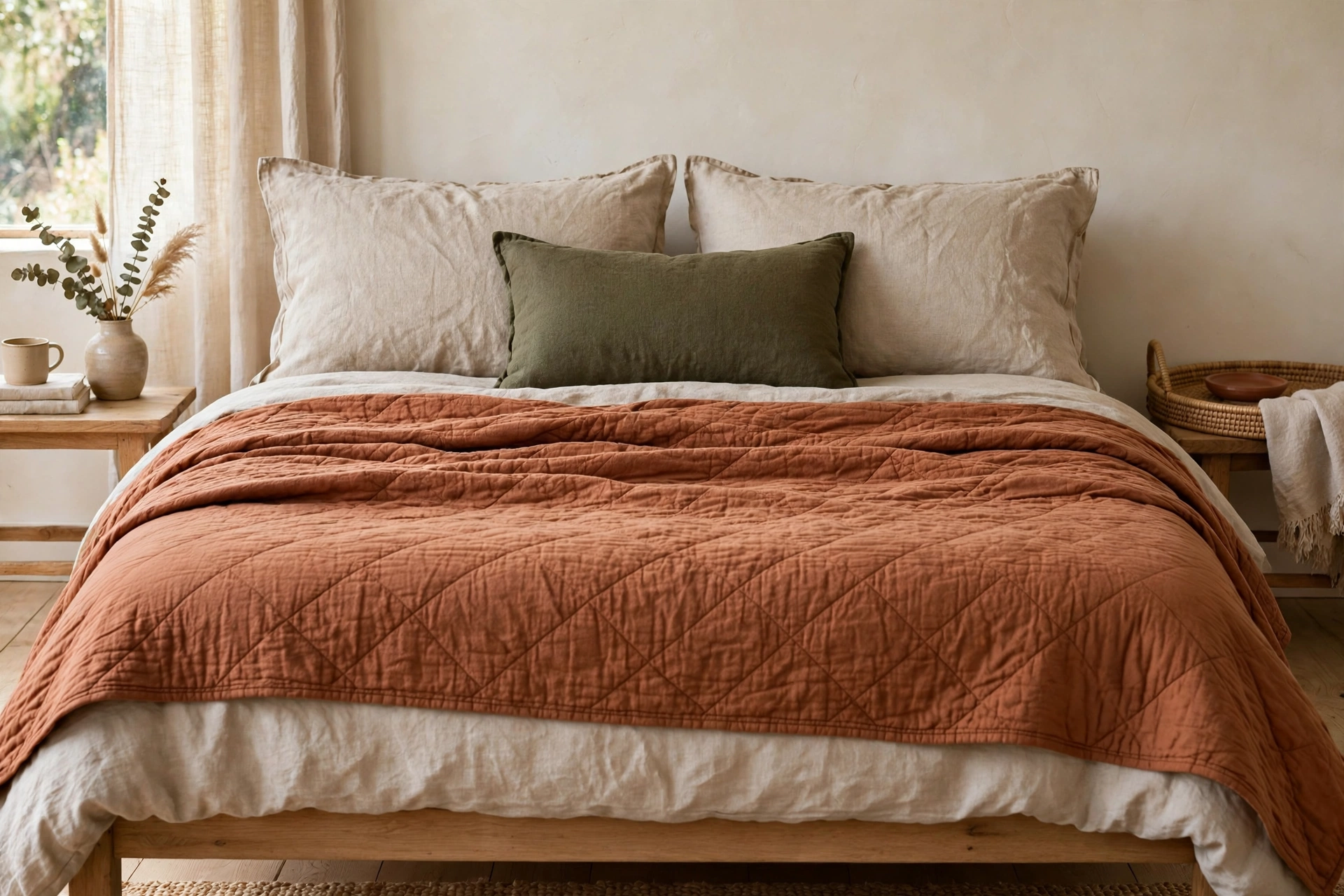 Terracotta coverlet with natural linen shams and an olive cushion on a bed.