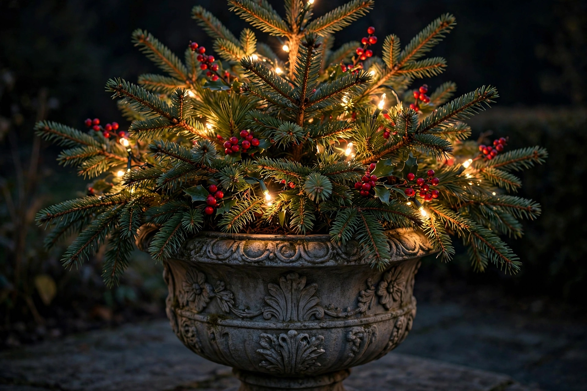 Spruce urn glowing with warm white fairy lights and red berries at night.
