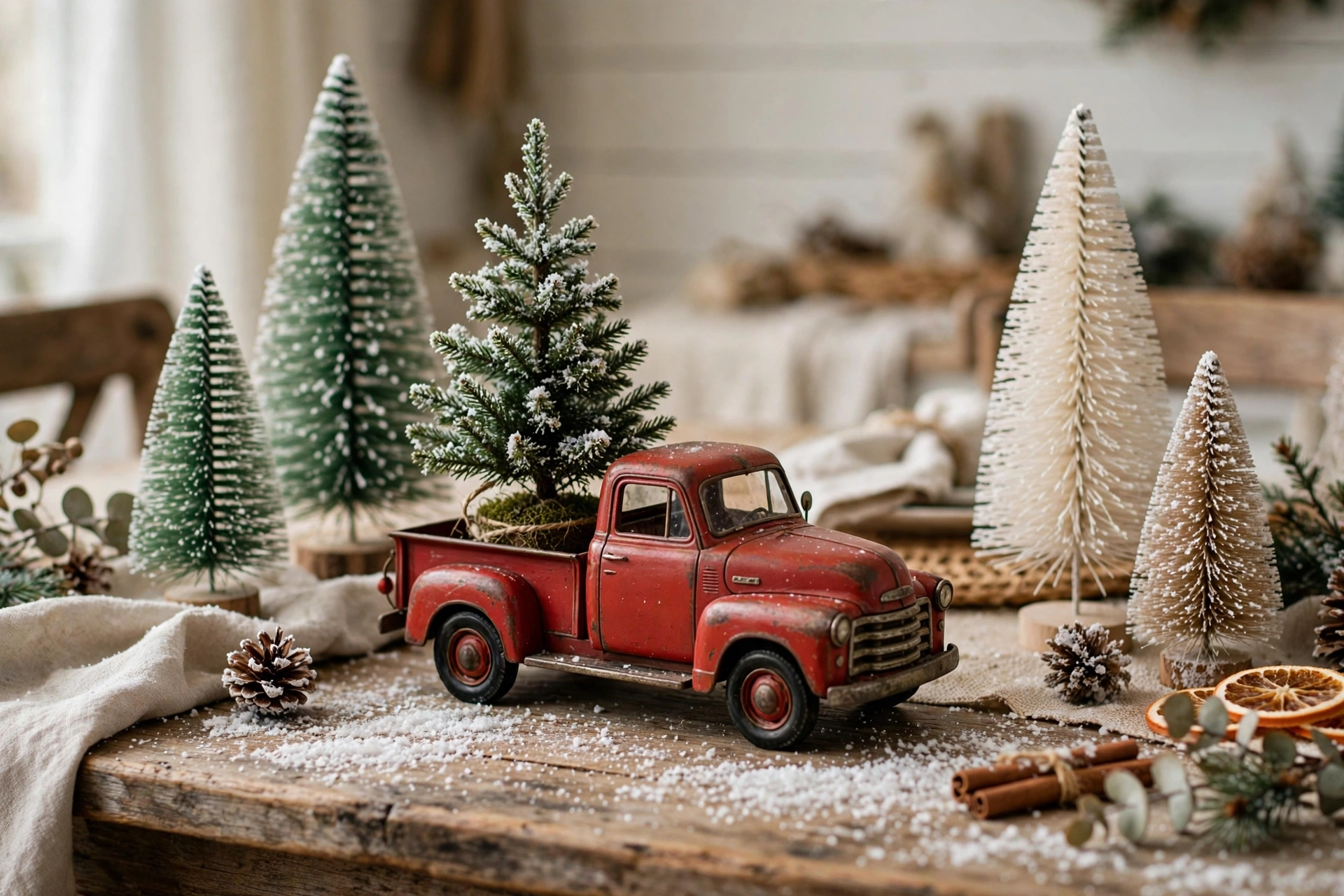 Small red vintage toy truck carrying a tiny Christmas tree on a farmhouse dining table.