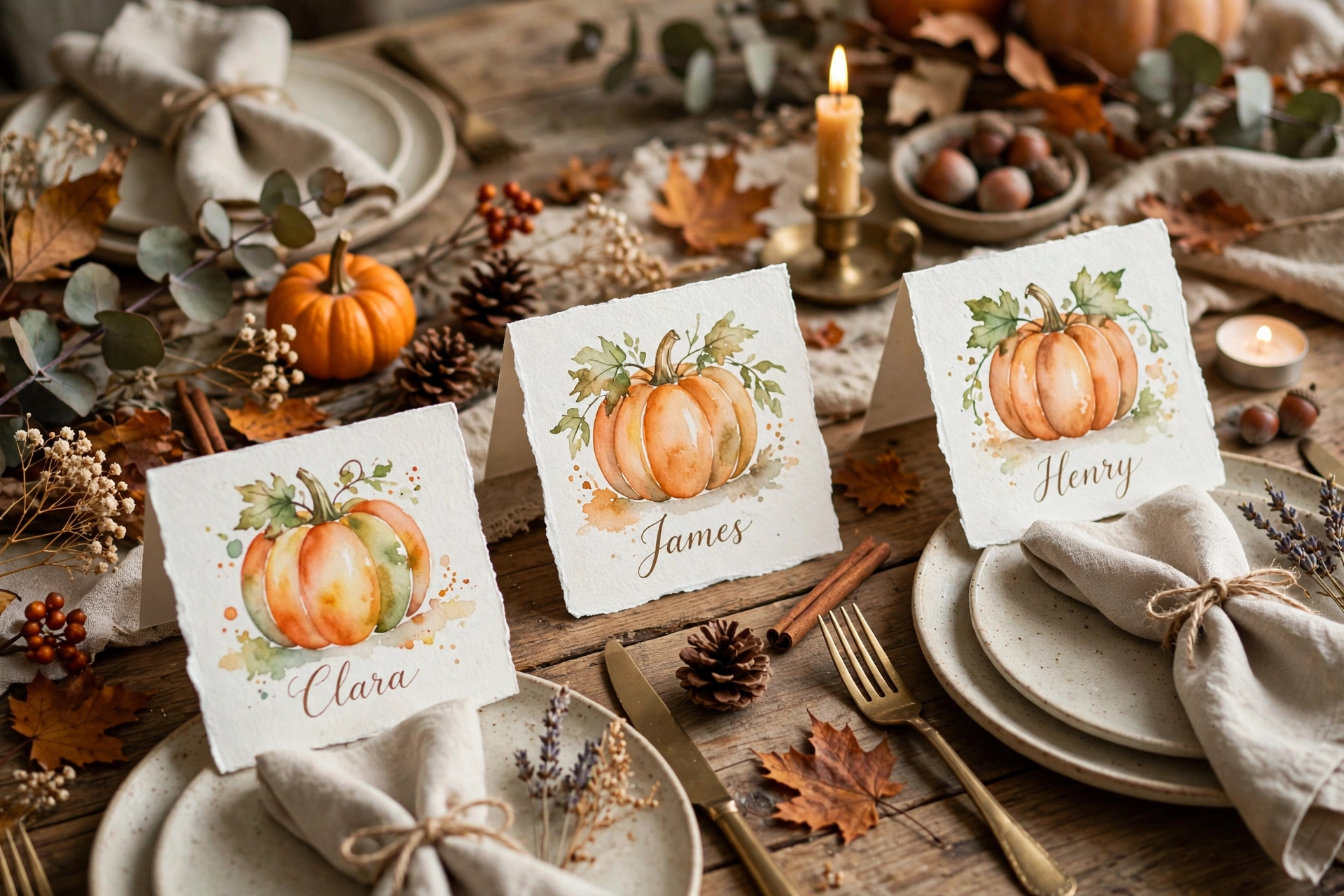 Hand-painted watercolor pumpkin place cards on a rustic autumn dinner table setting.