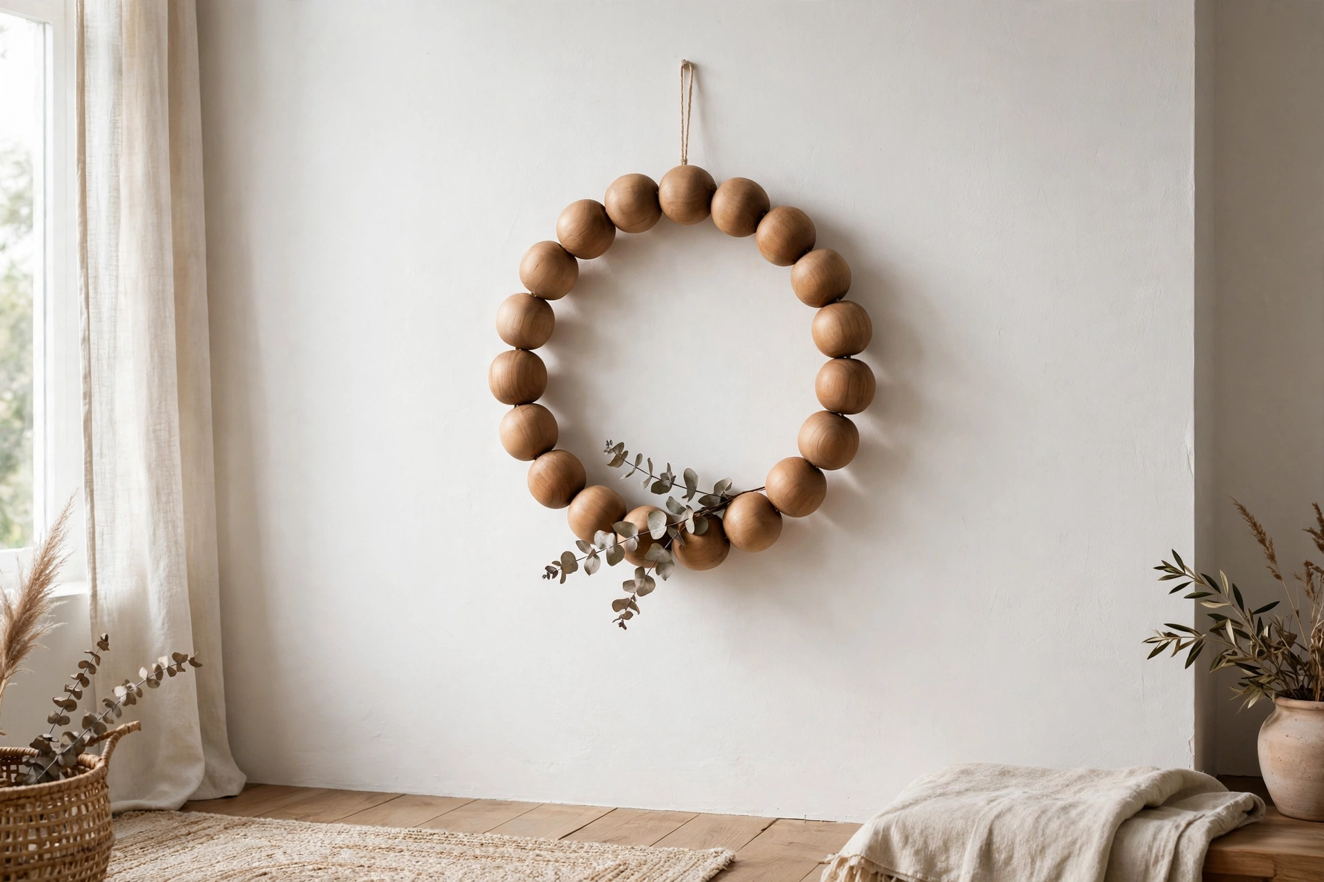A round wreath made of large natural wooden beads hanging on a white wall
