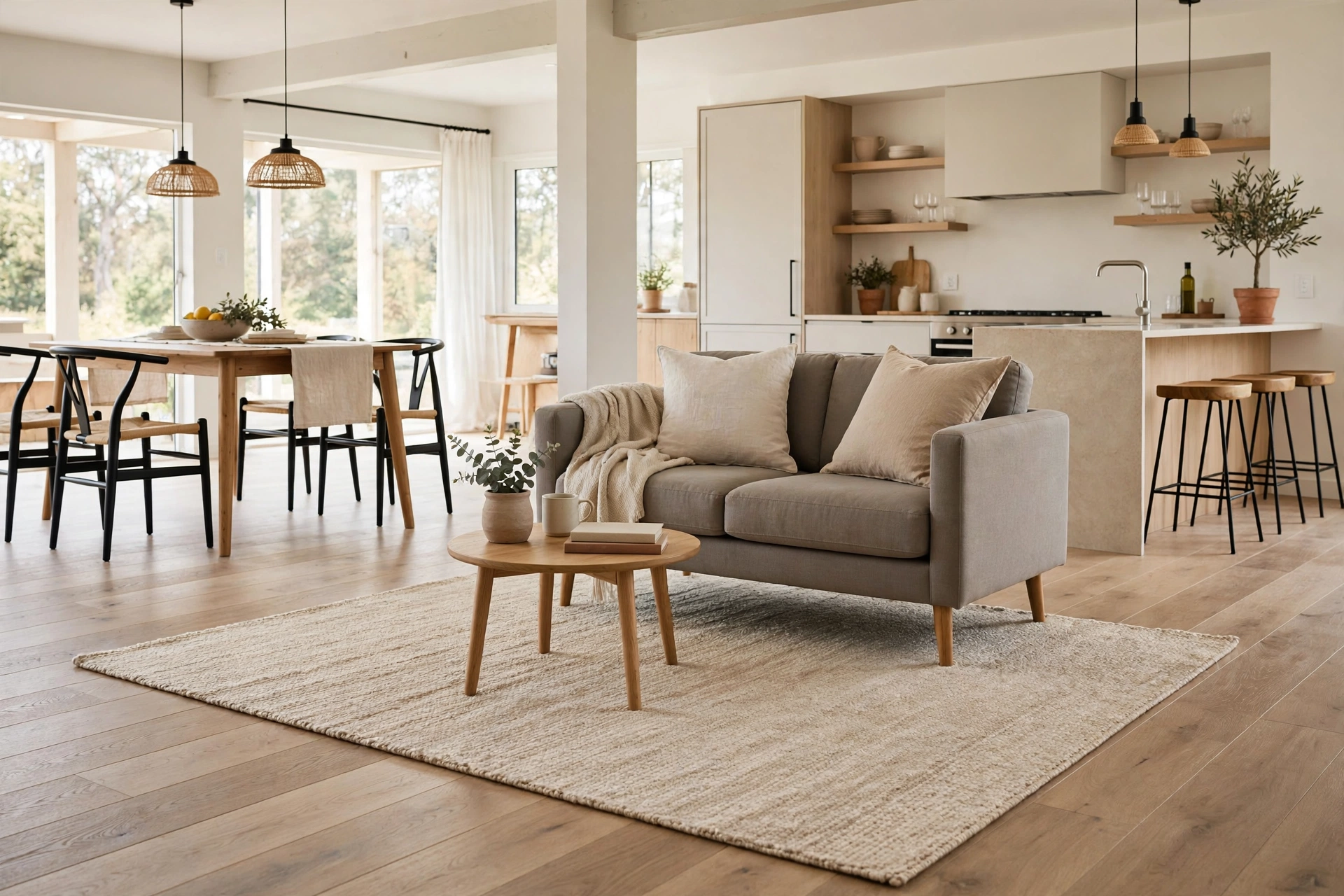 Beige area rug under a small sofa defining the living zone in an open plan.